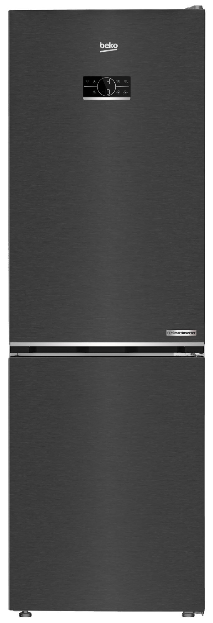 Czarna lodówka Beko. Dwoje drzwi, z cyfrowym wyświetlaczem na górze.