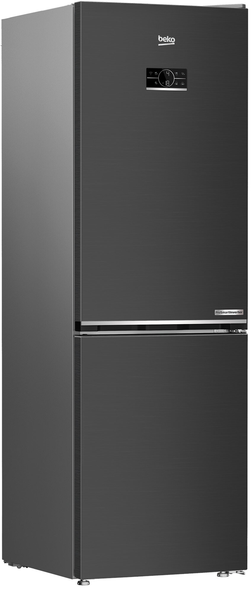 Ciemnoszara lodówka Beko z wyświetlaczem cyfrowym i dwoma drzwiami.