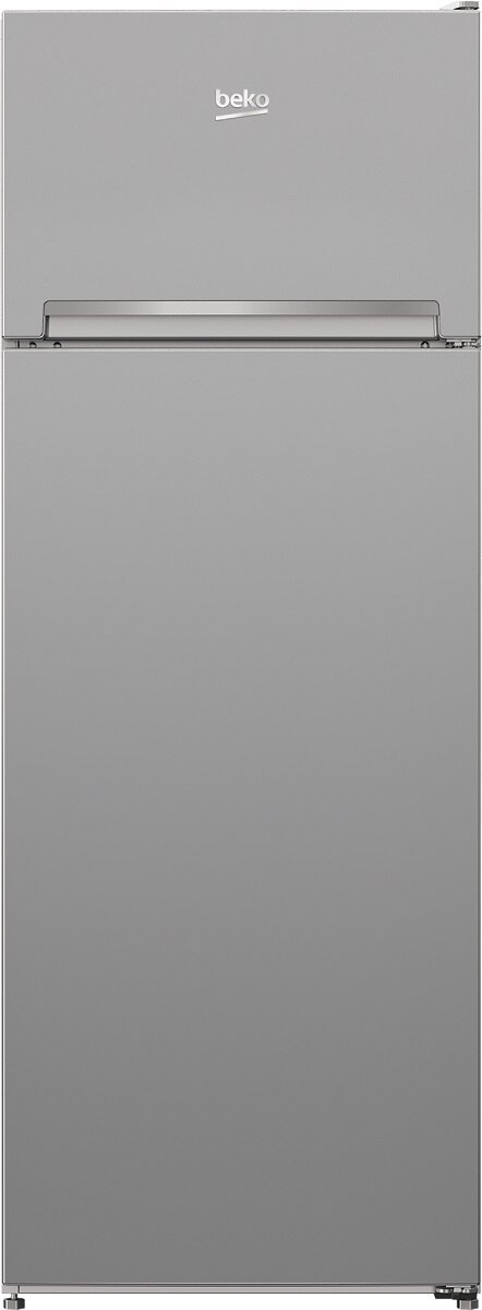 Srebrna lodówka Beko, z górną zamrażarką i dolną częścią chłodziarki.