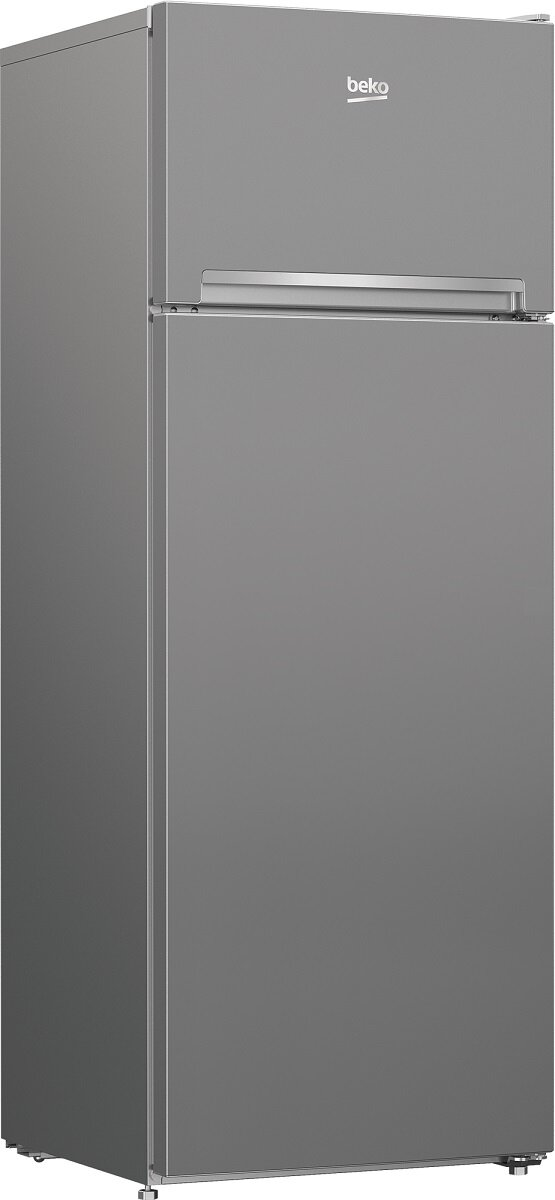 Szara lodówka Beko. Dwa drzwi. Srebrny uchwyt. Logo Beko na górze. Białe tło.