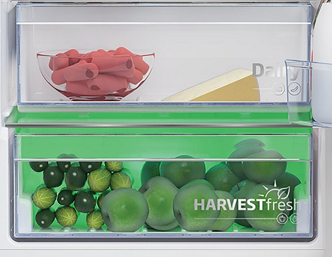 Wnętrze lodówki z półkami. Marchewki i kawałek sera są na górnej półce.