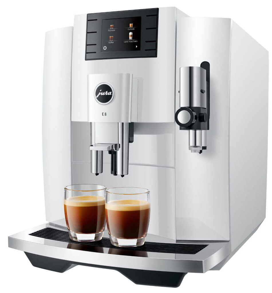Biały ekspres do kawy Jura E8 z dwiema filiżankami espresso.