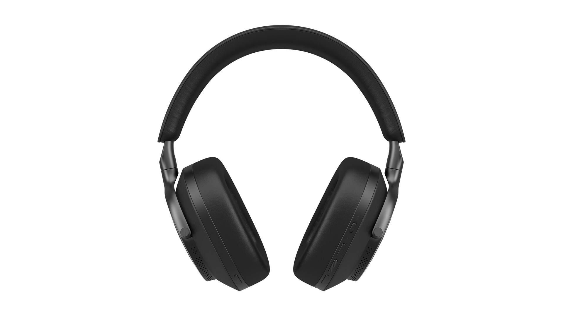 Schwarze Kopfhörer, Draufsicht, auf weißem Hintergrund.