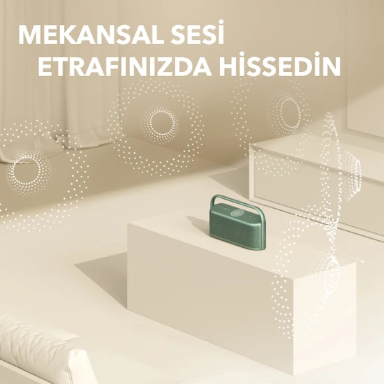 Beyaz bir yüzeyde tutamağı olan modern bir hoparlör, ses dalgası sanatı ile.