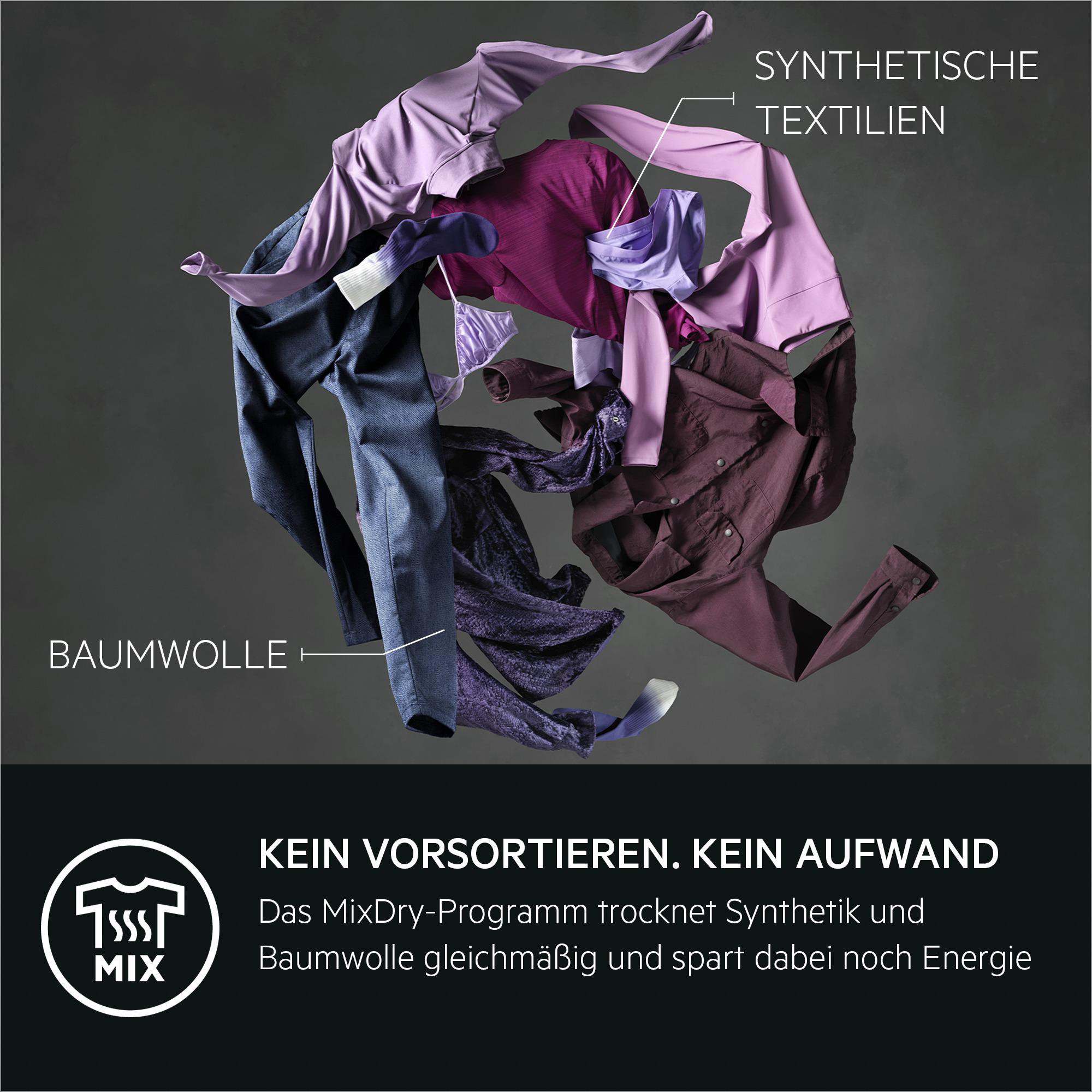 Kleidung verschiedener Farben wird in die Luft geworfen. Etiketten weisen auf Baumwoll- und Kunstfasern hin.