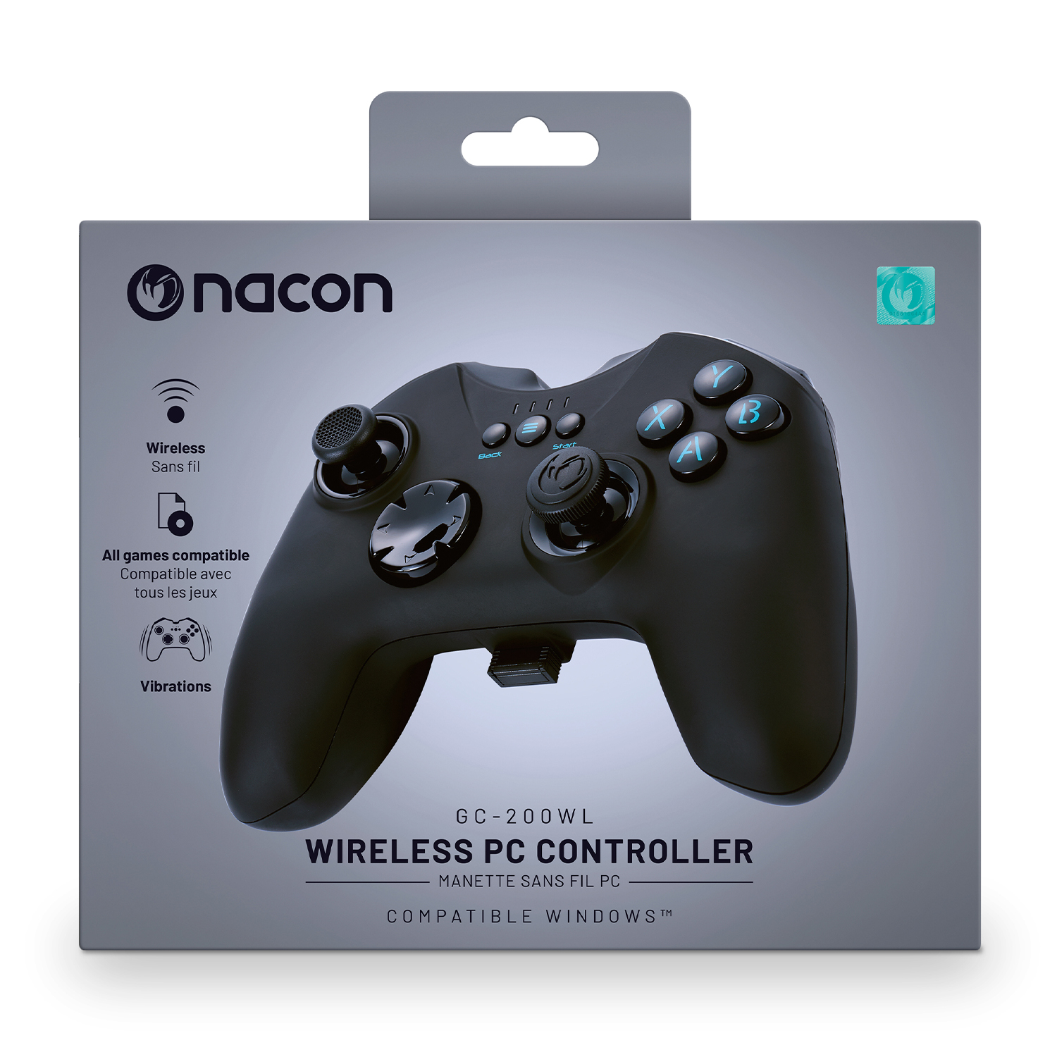 Controller PC wireless nero nella sua confezione. Scatola grigia con dettagli del prodotto.