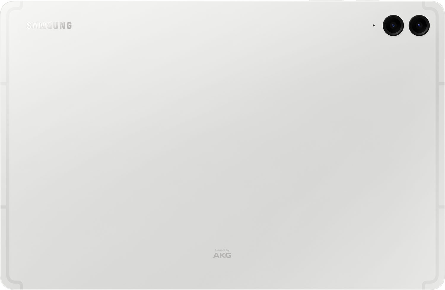 Egy fehér tablet hátulja, két kamerával, valamint a 'SAMSUNG' és 'AKG' logókkal.