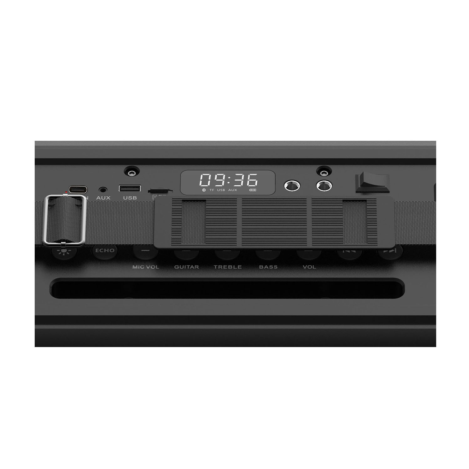 Primo piano di un pannello di controllo altoparlanti nero con display e vari controlli di regolazione.