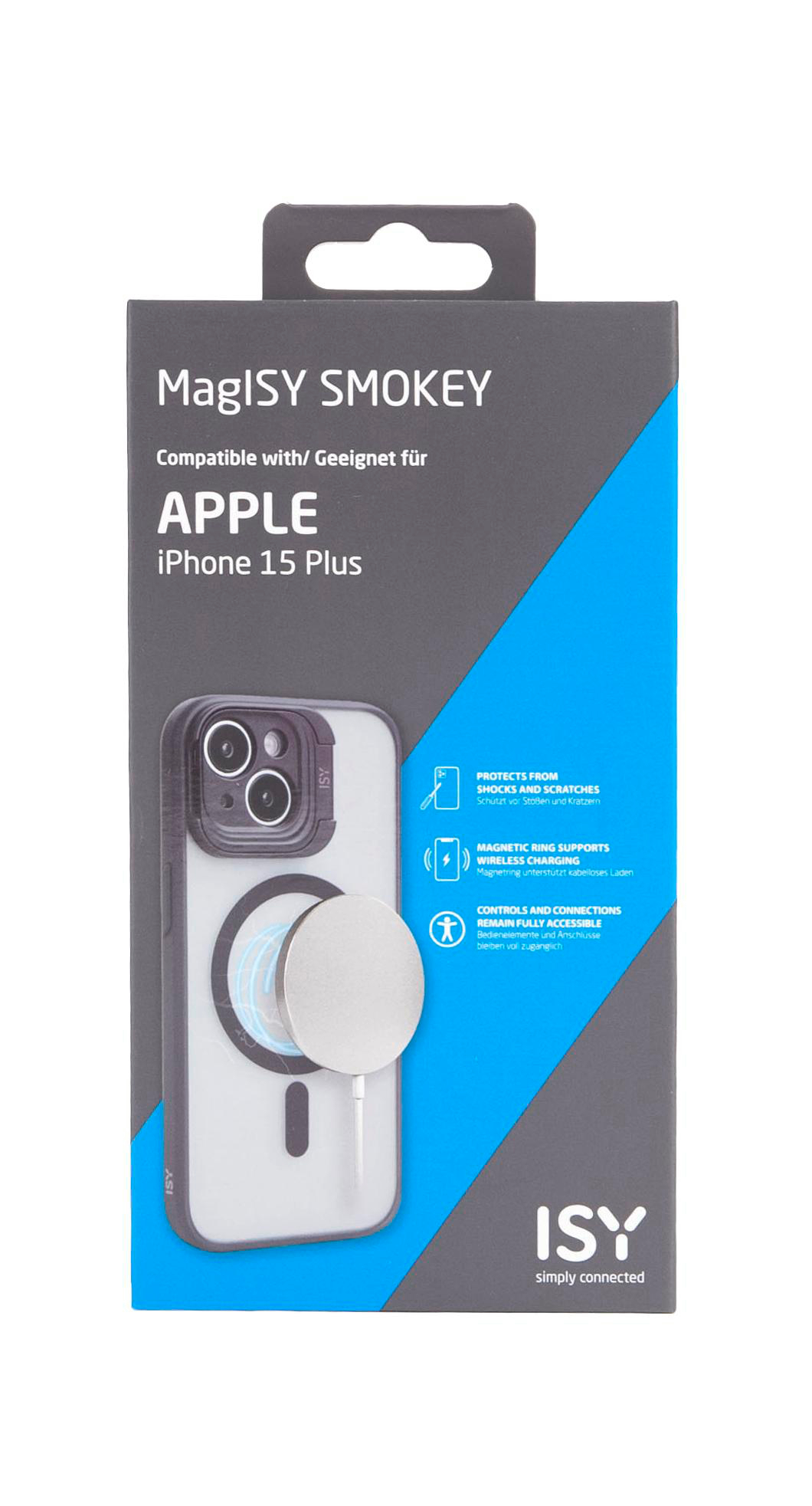 iPhone 15 Plus Hülle in Verpackung. Hülle zeigt Telefon mit Magnetring. Text sagt 'SMOKEY'.