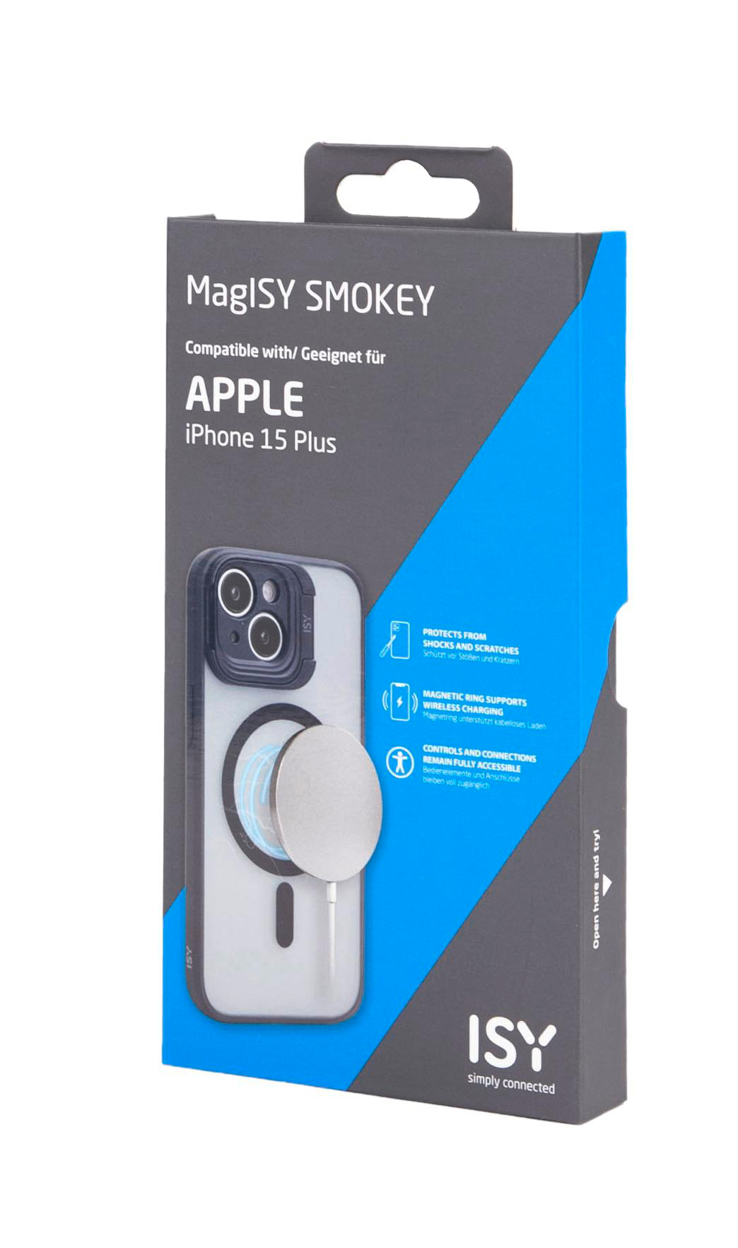 Eine Box mit einer iPhone-Hülle und einem Ladegerät, mit dem Markennamen 'MaglSY'.