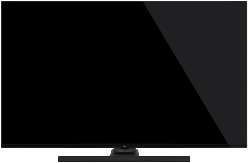 Egy nagy, fekete, lapos képernyős TV látható. Téglalap alakú képernyője van, alul állvánnyal.
