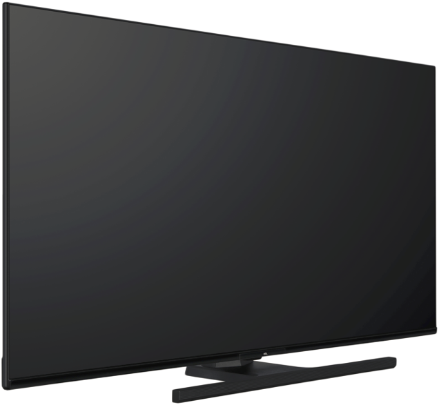 Egy nagyméretű, fekete síkképernyős televízió fekete talapzaton áll. A képernyő enyhén szögben áll, sötét felületet mutatva.