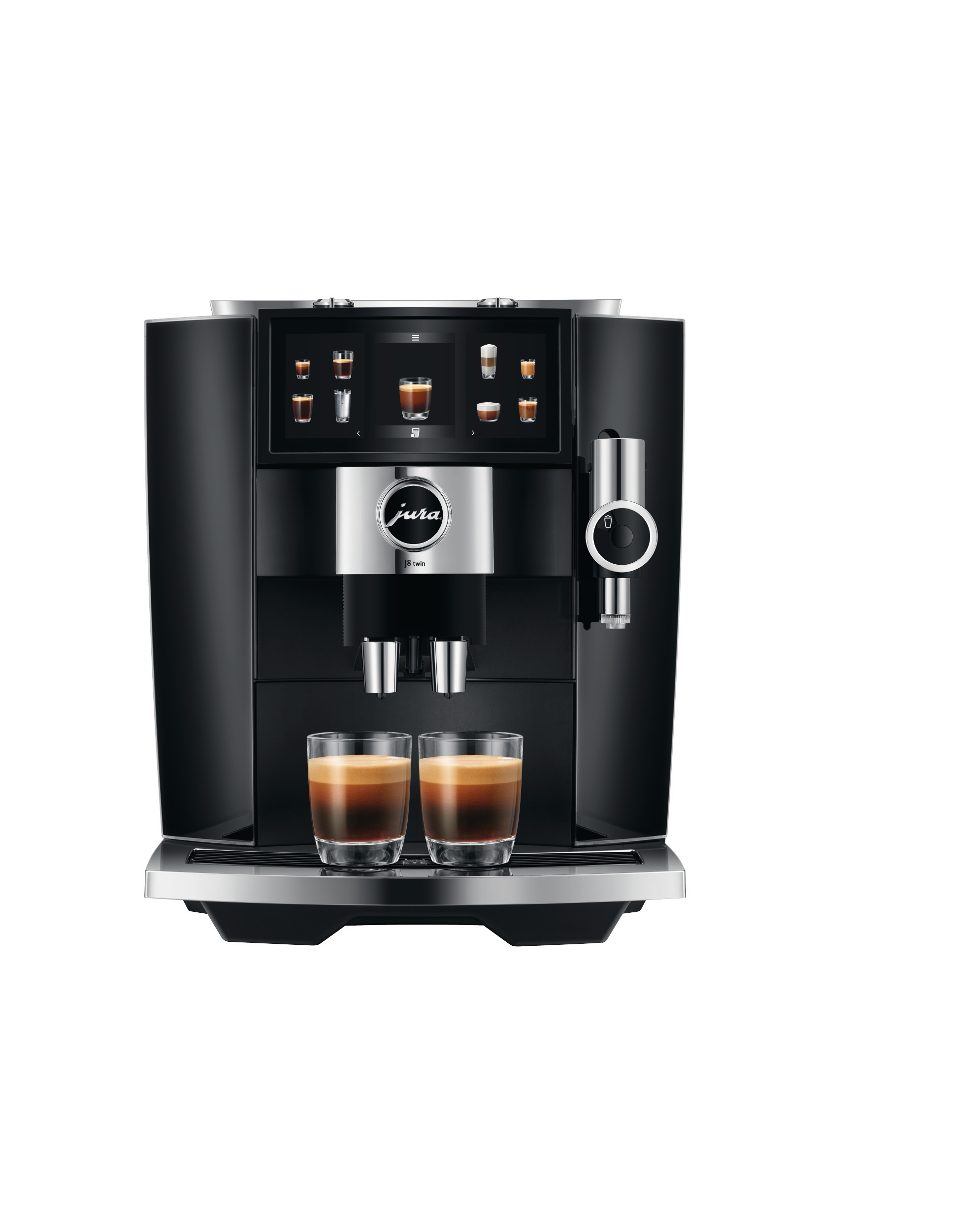 Schwarze Espressomaschine mit Display, das Kaffeeoptionen zeigt. Zwei Espressotassen darunter.