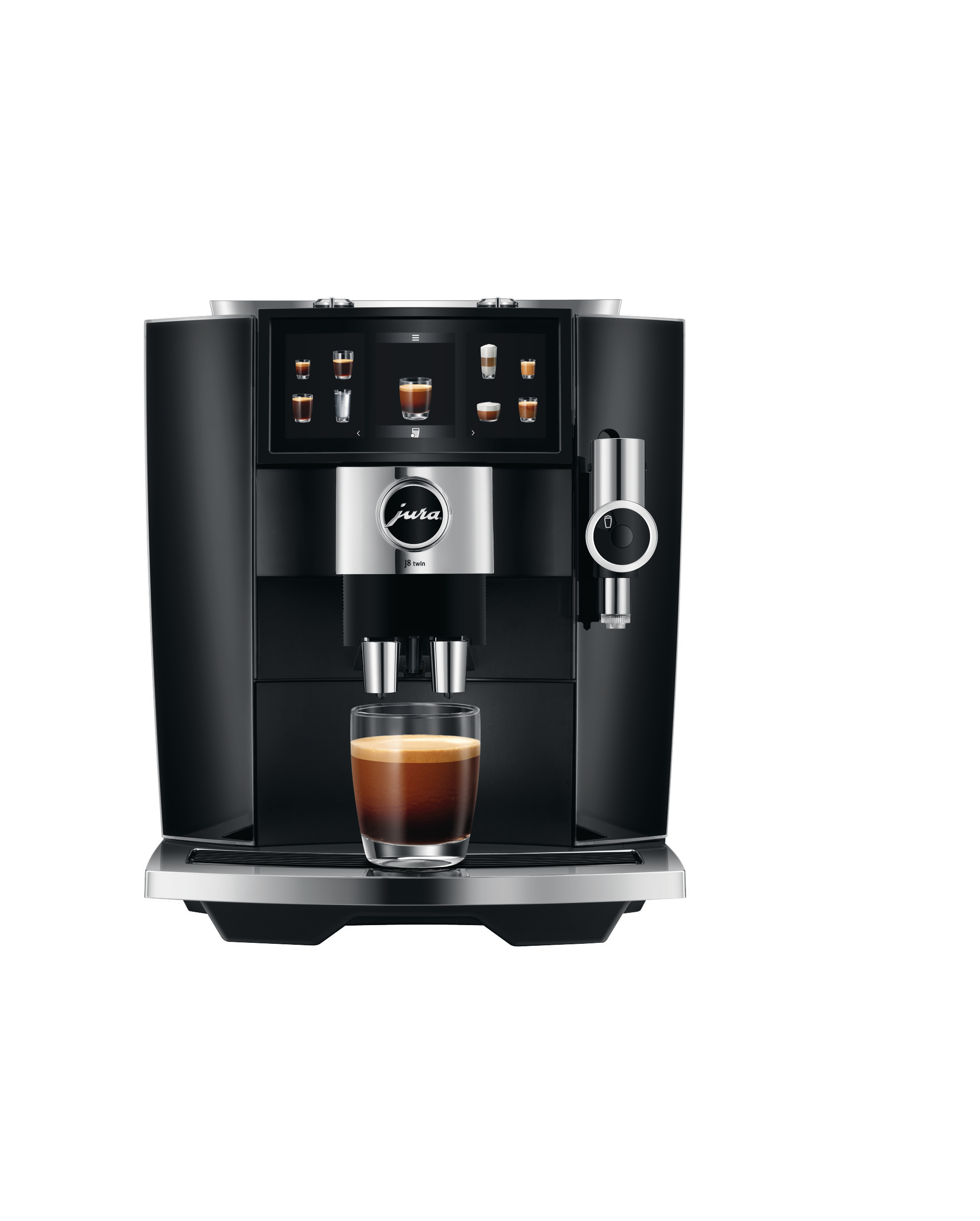Schwarze Kaffeemaschine mit einem Glas Kaffee. Display und Details sind sichtbar.