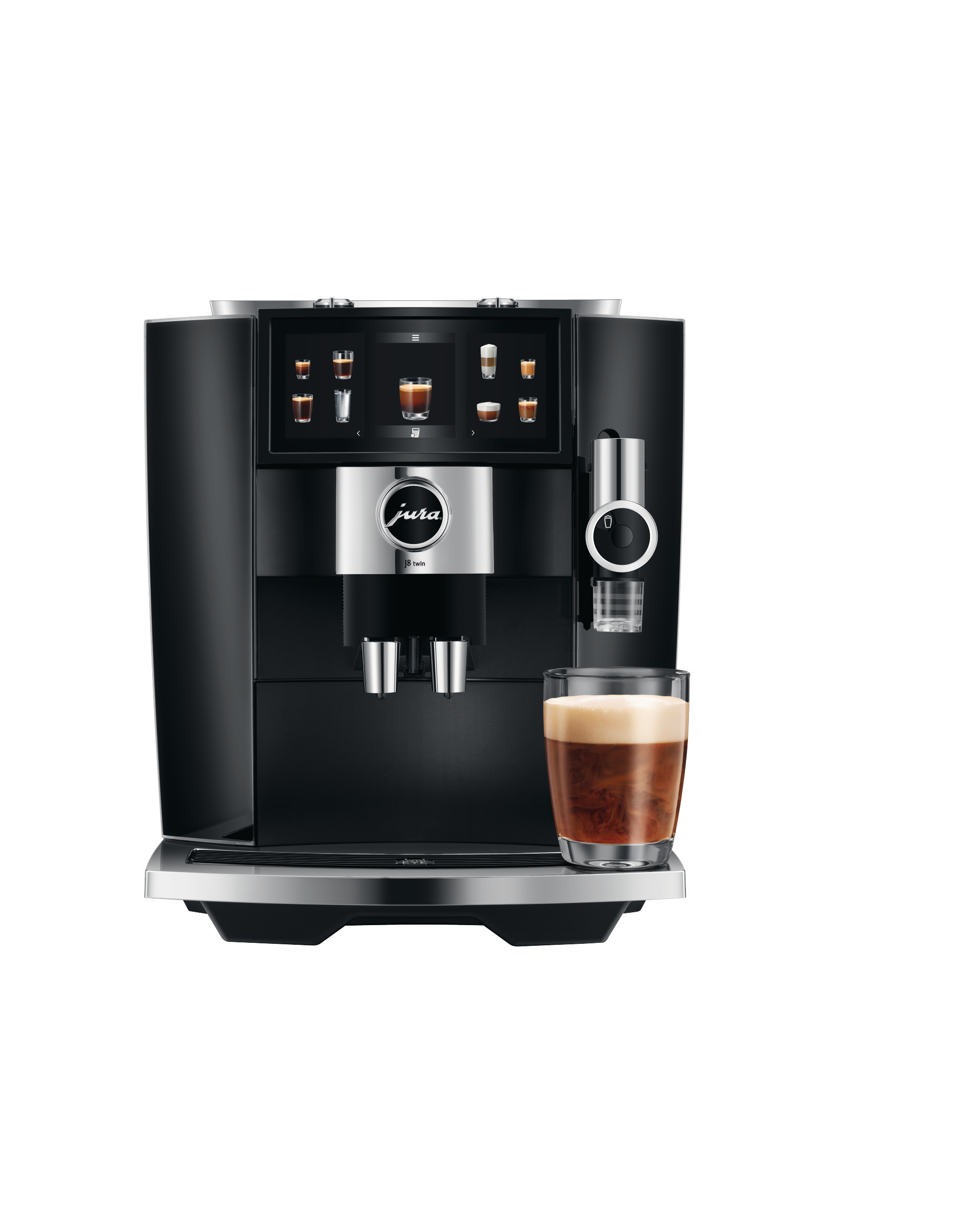 Schwarze Jura Kaffeemaschine mit einem Glas Kaffee und Schaum.