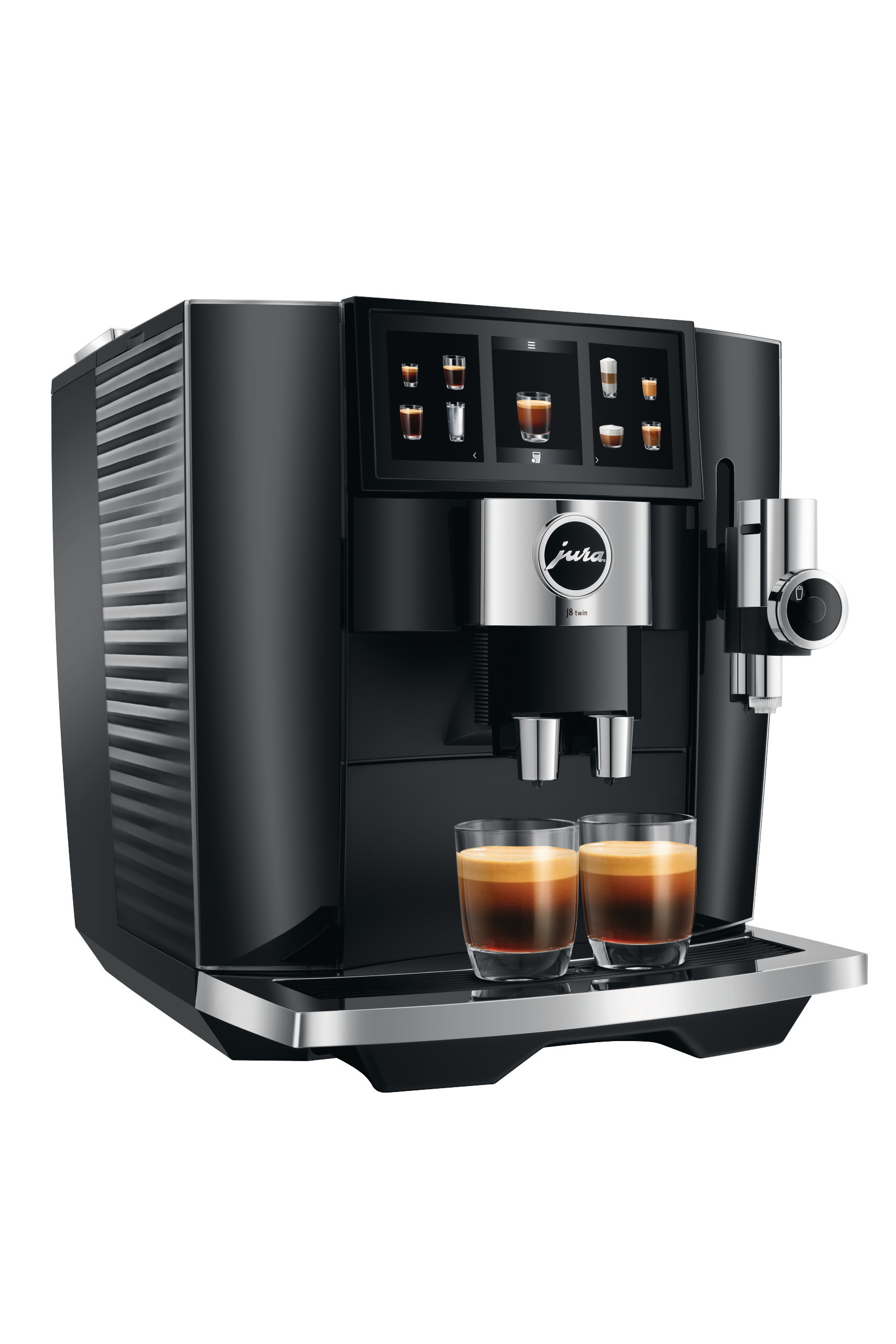 Schwarze Jura Kaffeemaschine mit Display, das Kaffeeoptionen zeigt, plus zwei Tassen Espresso.