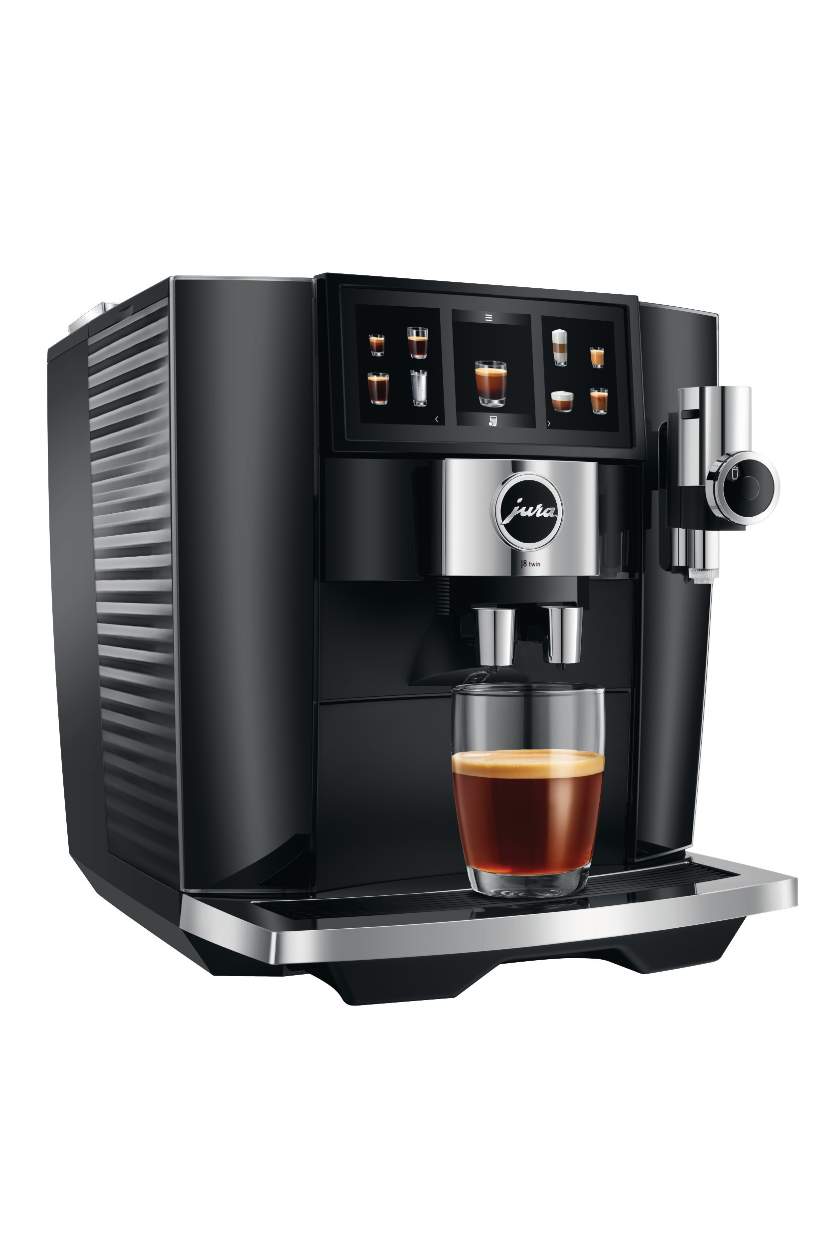 Eine schwarze Jura-Kaffeemaschine, aus der Kaffee gegossen wird. Es gibt ein digitales Display.