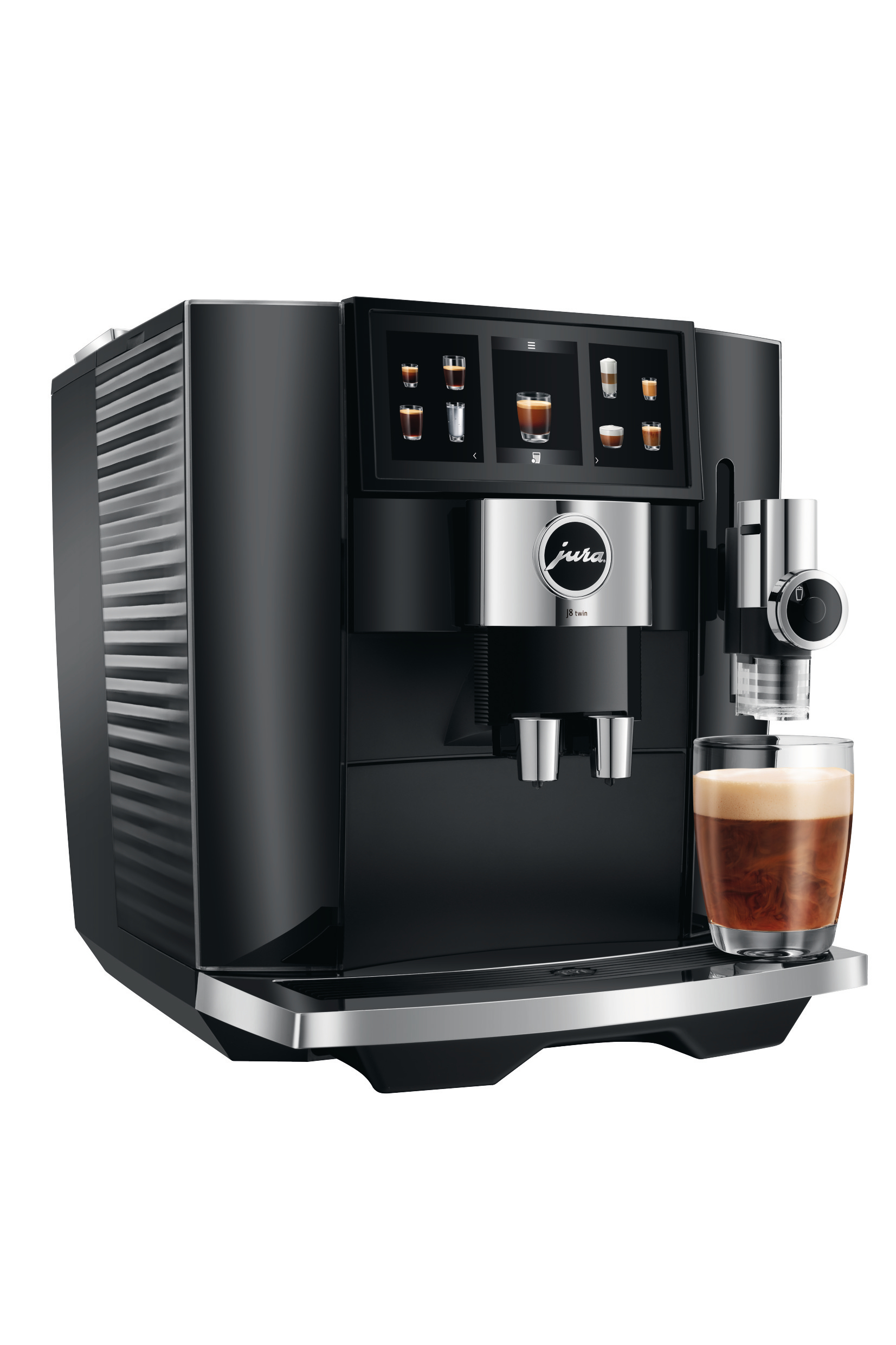 Schwarze Jura Kaffeemaschine mit einem Glas Kaffee. Mehrere Kaffee-Bilder auf dem Bildschirm.