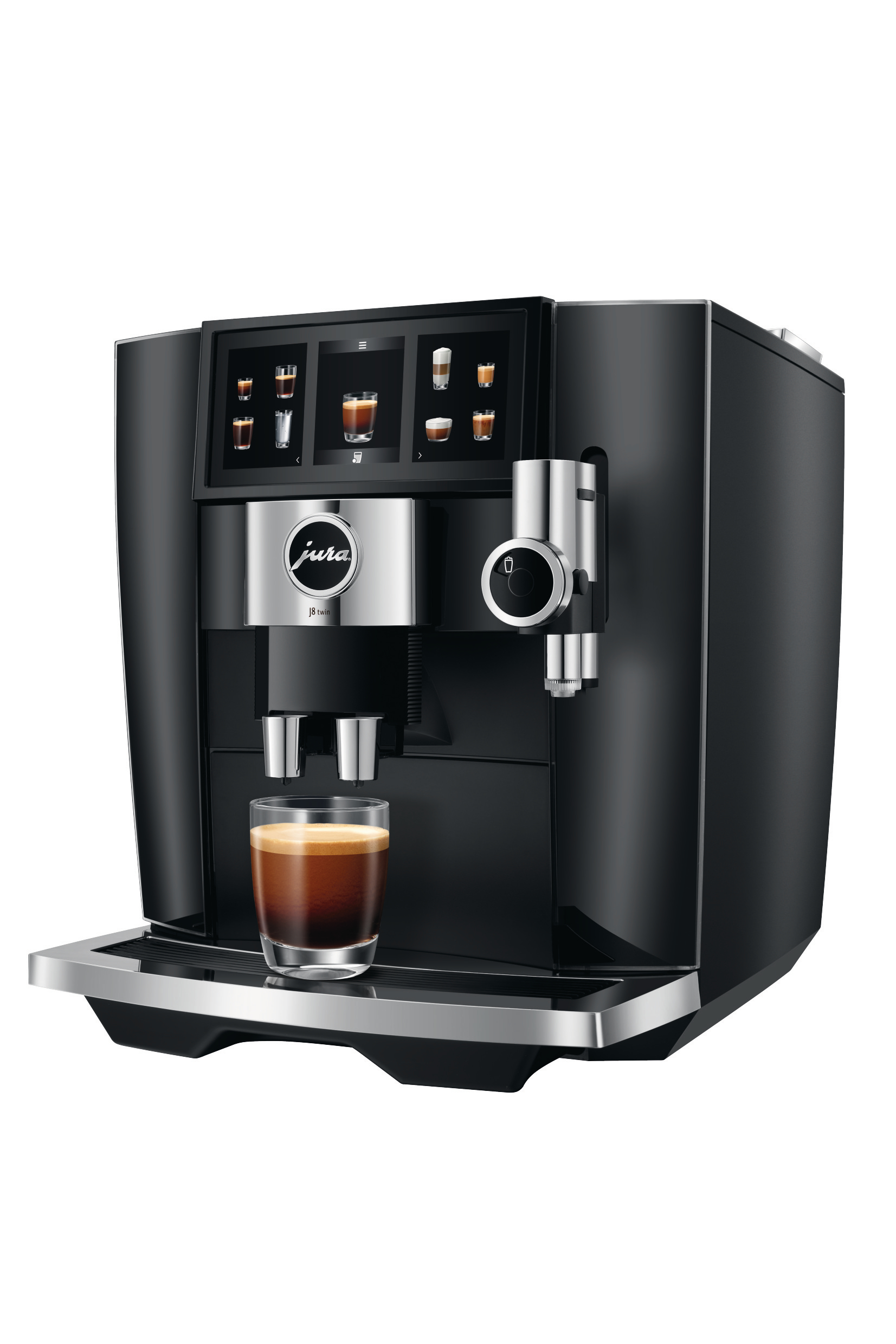 Schwarz-silberne Espressomaschine mit einem Glas Kaffee. Es hat einen Touchscreen.