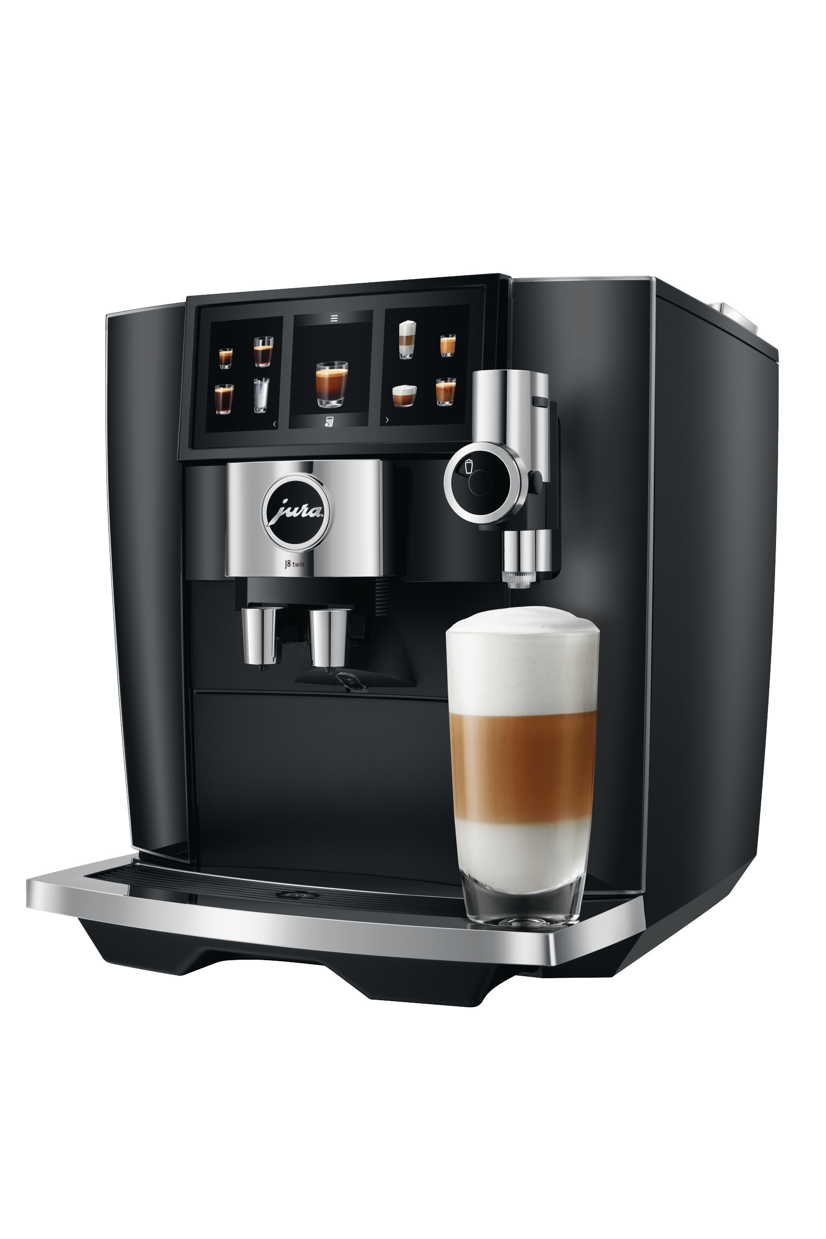 Schwarze Kaffeemaschine mit Latte in einem Glas. Sie hat einen Touchscreen.