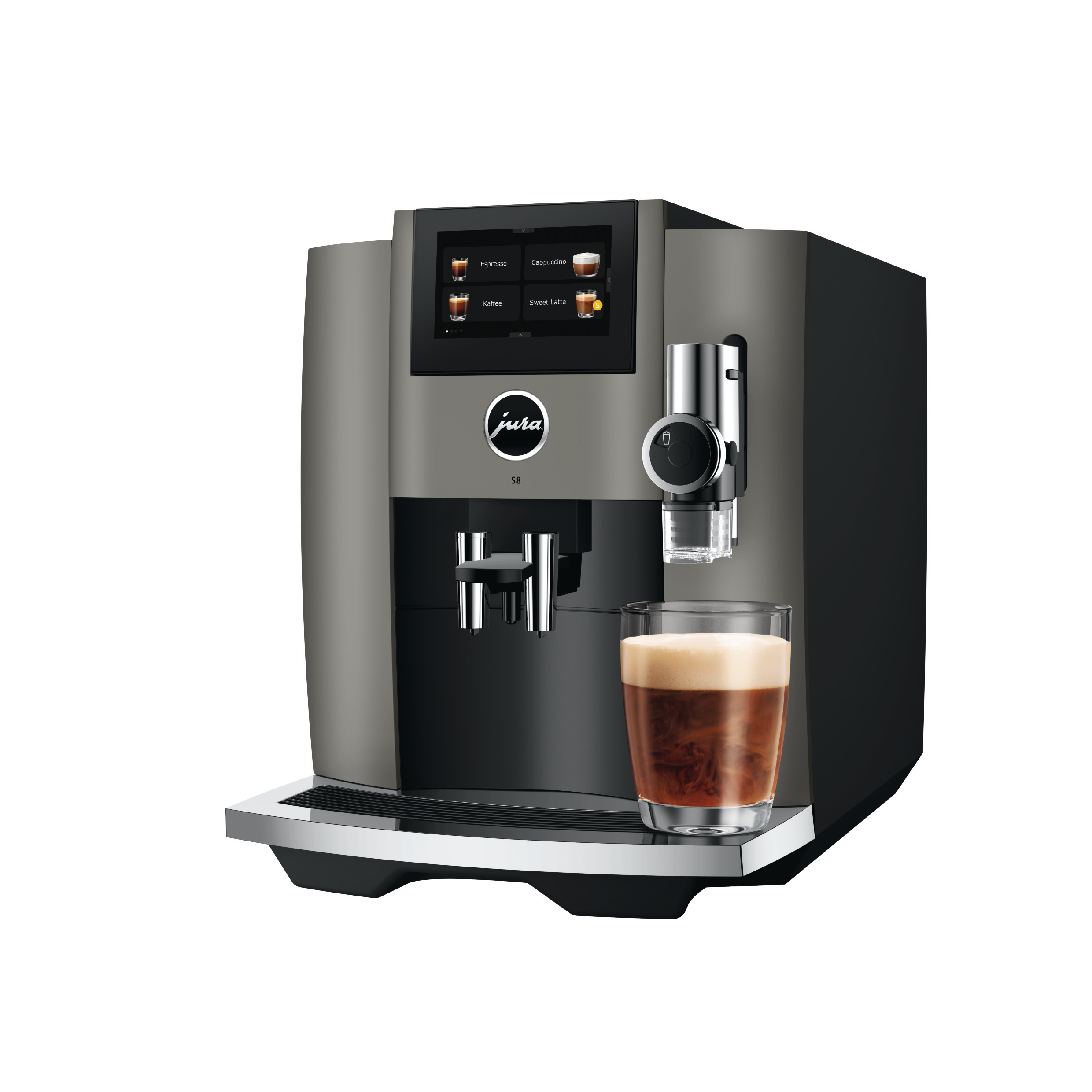Grau-schwarze Jura S8 Kaffeemaschine mit Kaffeeglas auf weißem Hintergrund.