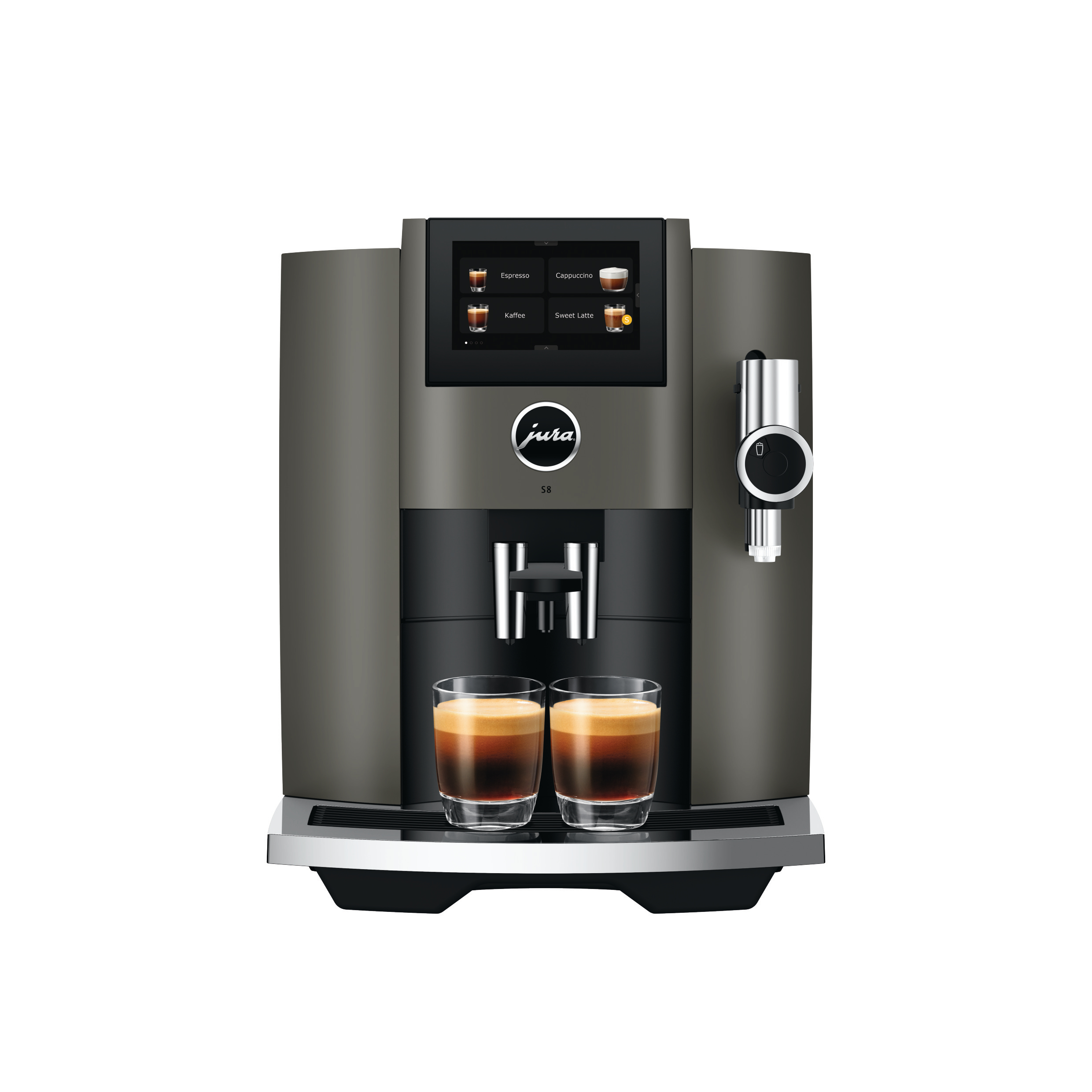 Dunkle Kaffeemaschine mit Touchscreen. Zwei Kaffeegläser davor.