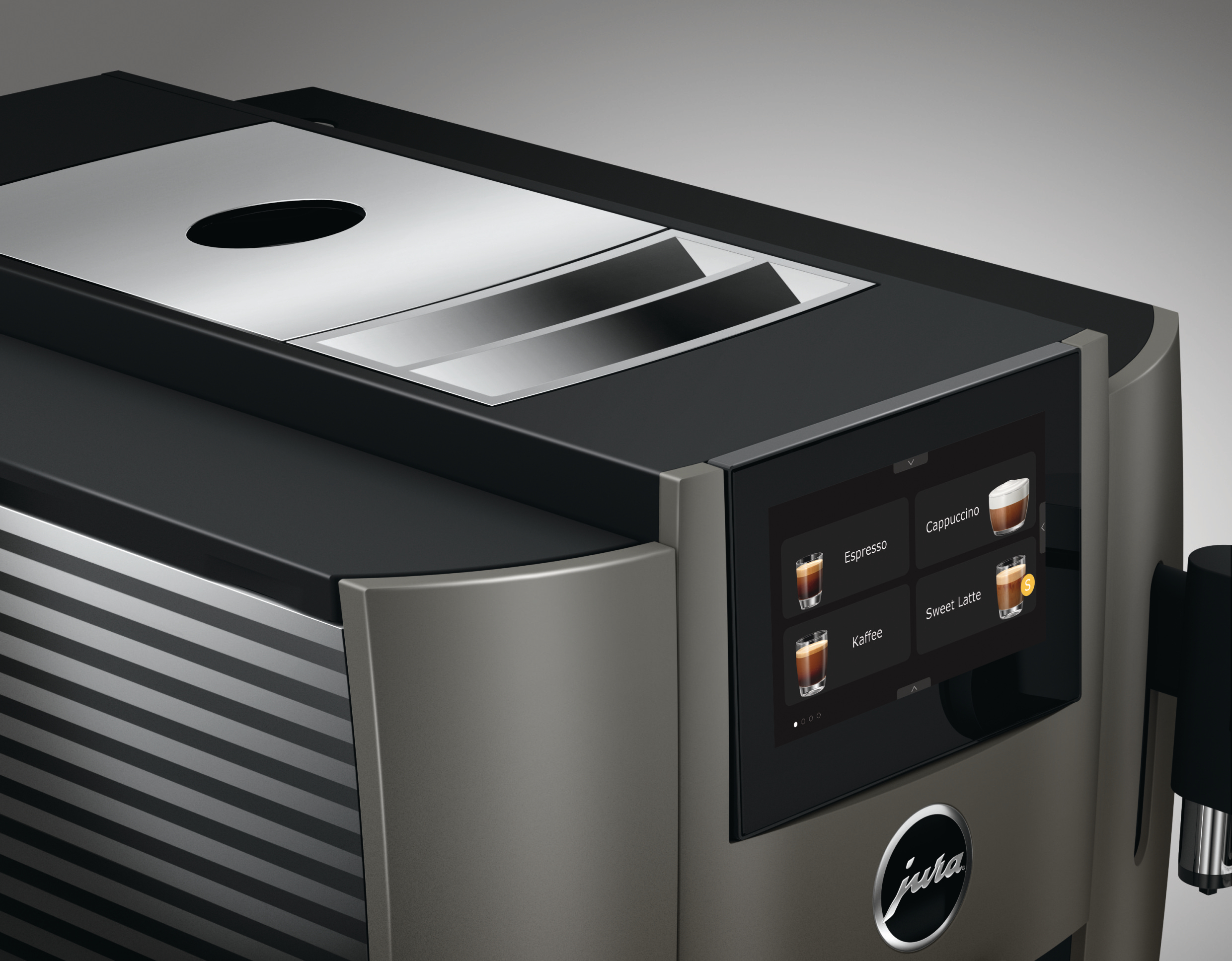 Nahaufnahme einer Kaffeemaschine, die die Menüoptionen auf einem Touchscreen anzeigt.