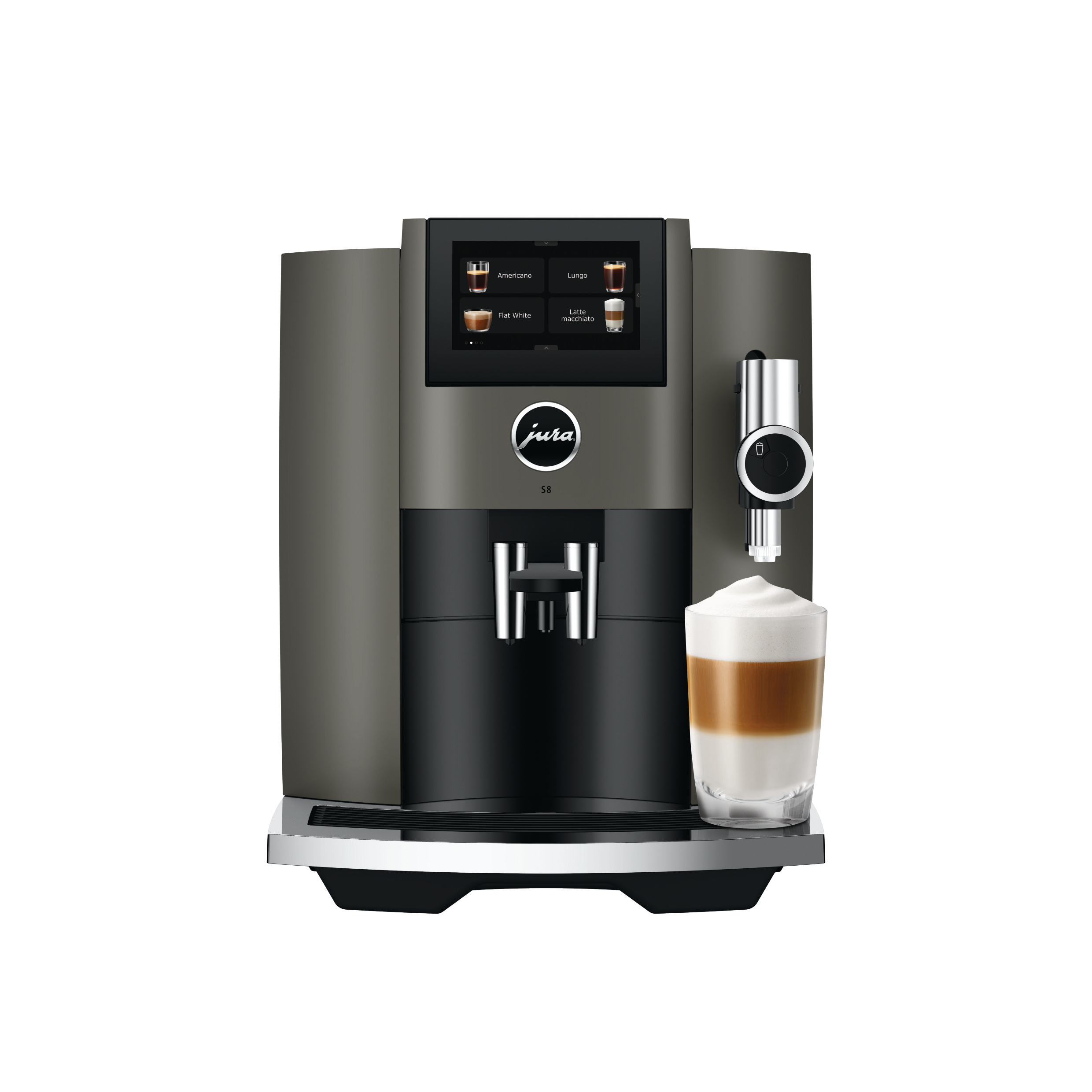 Schwarz-graue Kaffeemaschine mit einem Latte in einem Glas.