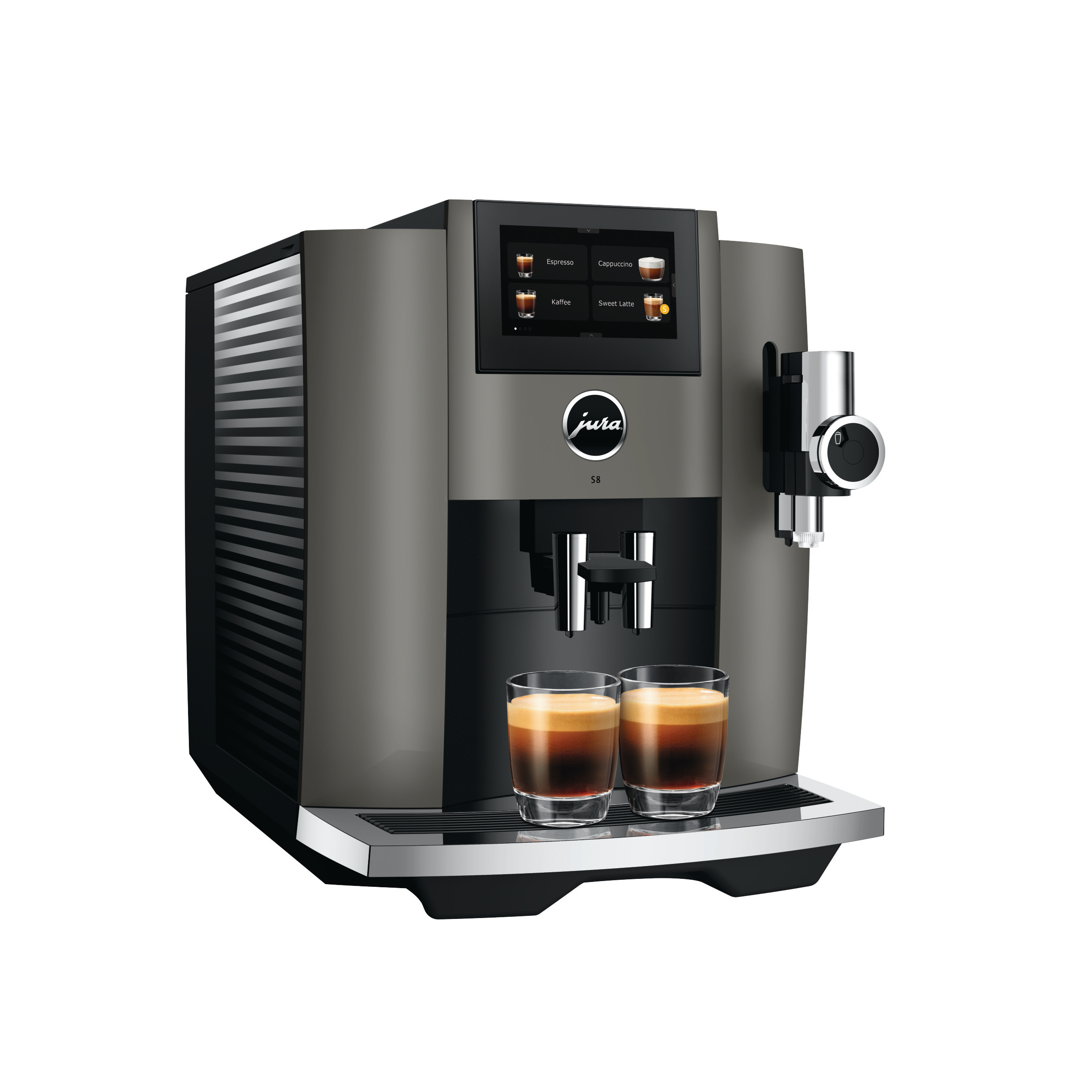 Eine Kaffeemaschine mit Touchscreen, zwei Gläsern mit Kaffee und dem Jura-Logo auf weißem Hintergrund.