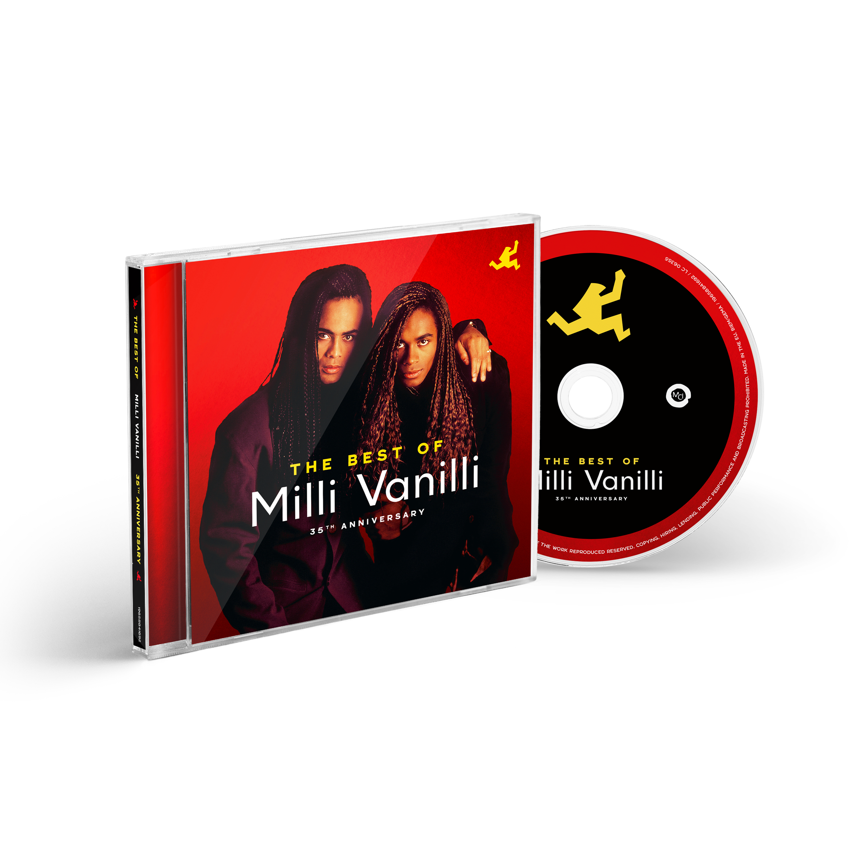 The Best of Milli Vanilli CD-Hülle und Disc auf rotem Hintergrund.