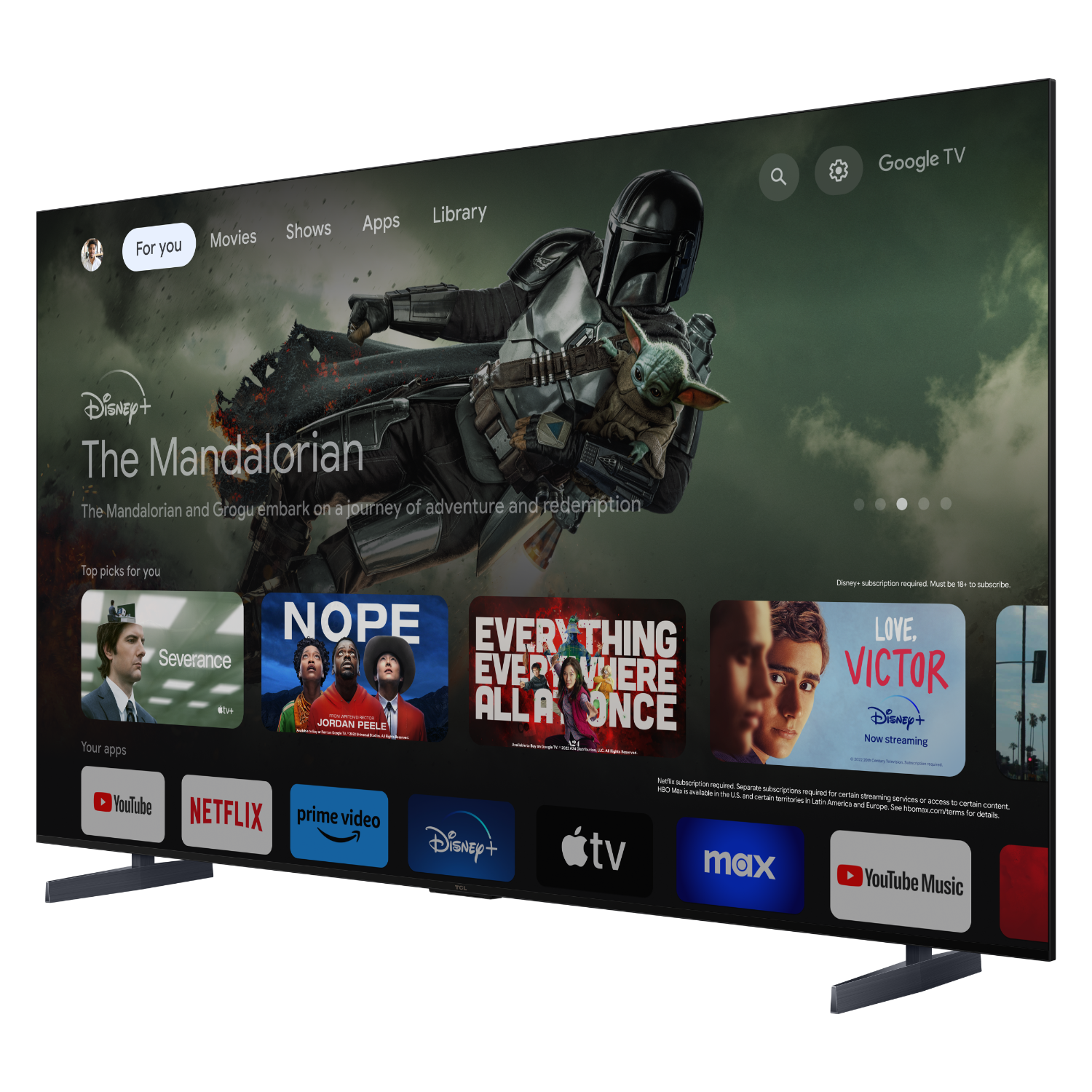 Een groot tv-scherm met The Mandalorian, met verschillende app-pictogrammen eronder.