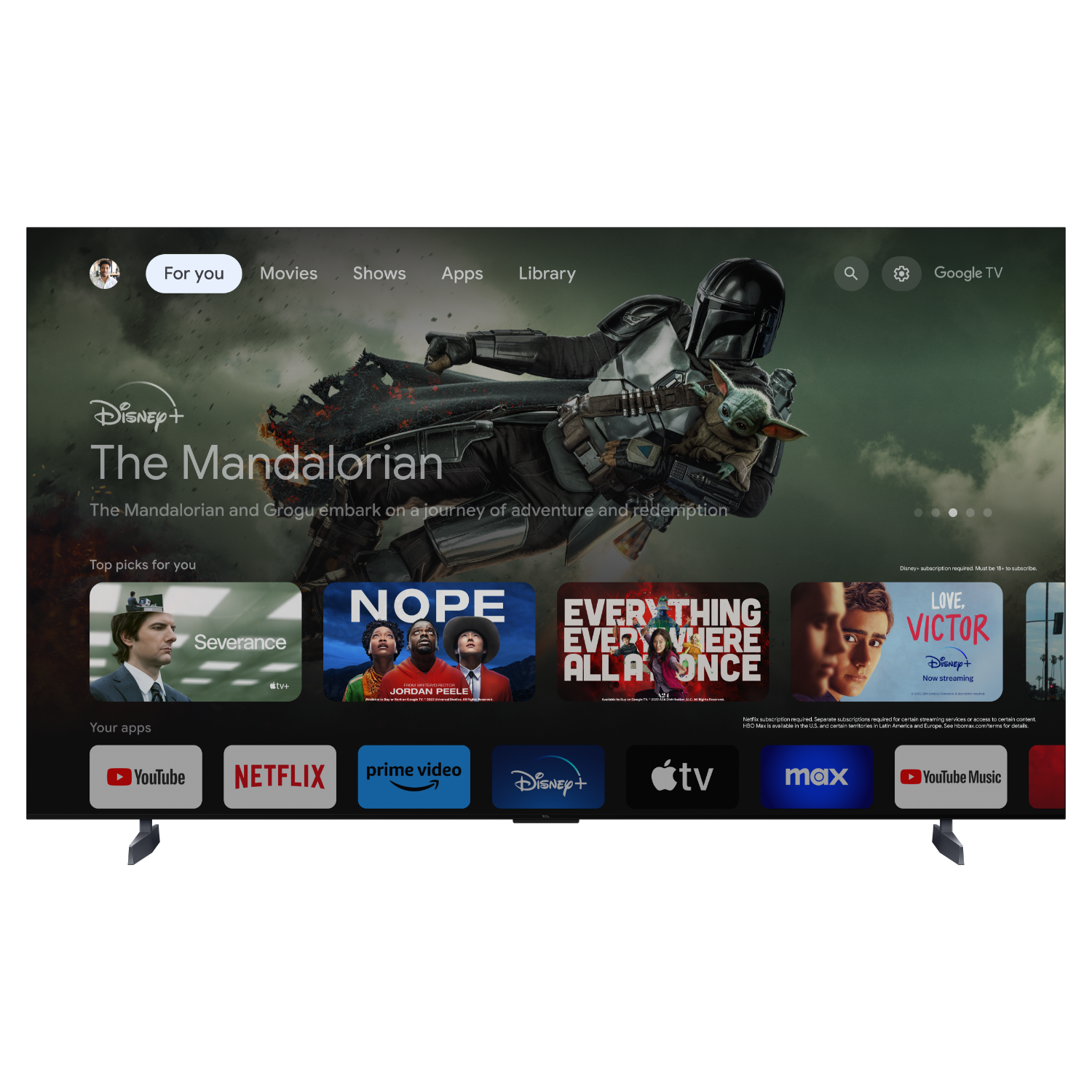 Groot tv-scherm met The Mandalorian op Disney+. Inclusief tv-apps en een Google TV-interface.