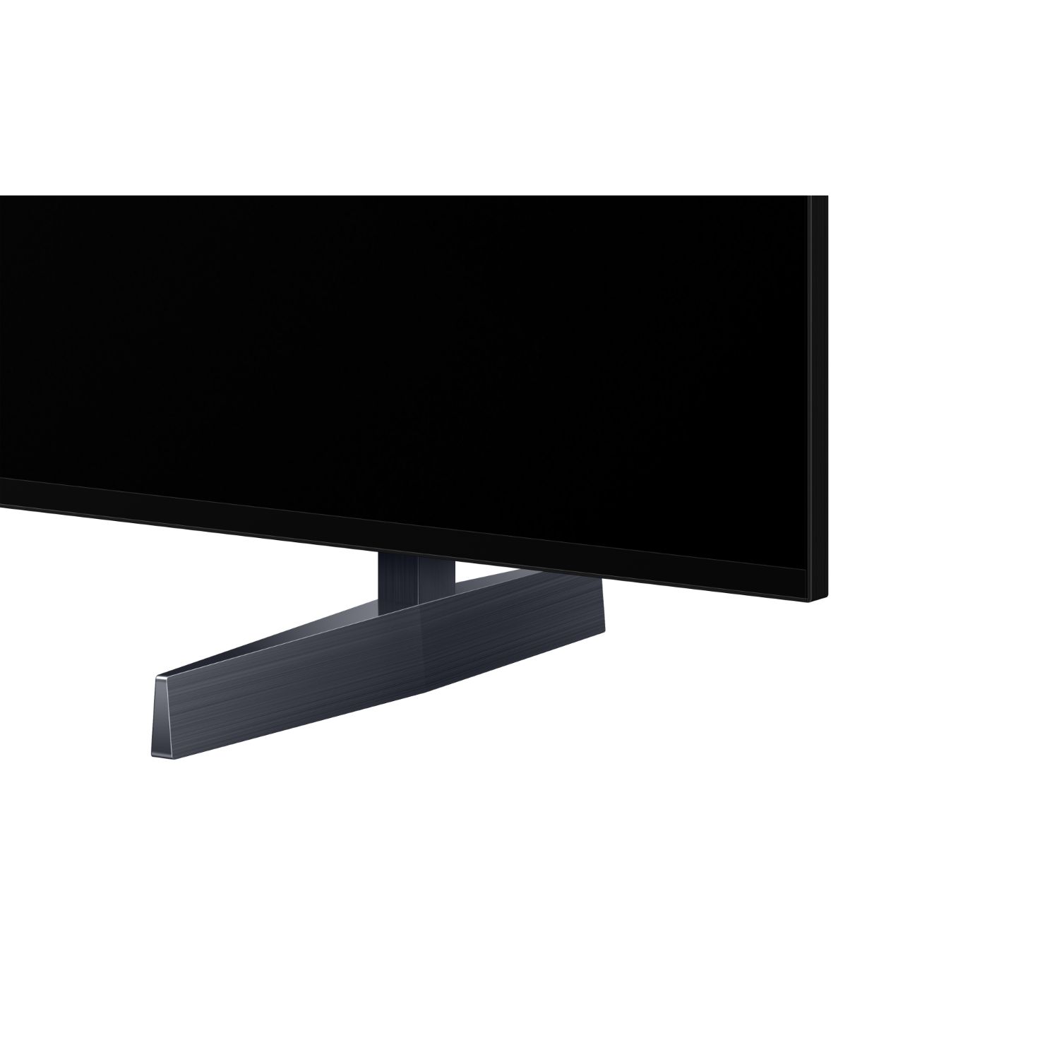 Tv-scherm en -standaard, zwart scherm, donkergrijze standaard tegen zwarte achtergrond. Zijaanzicht.