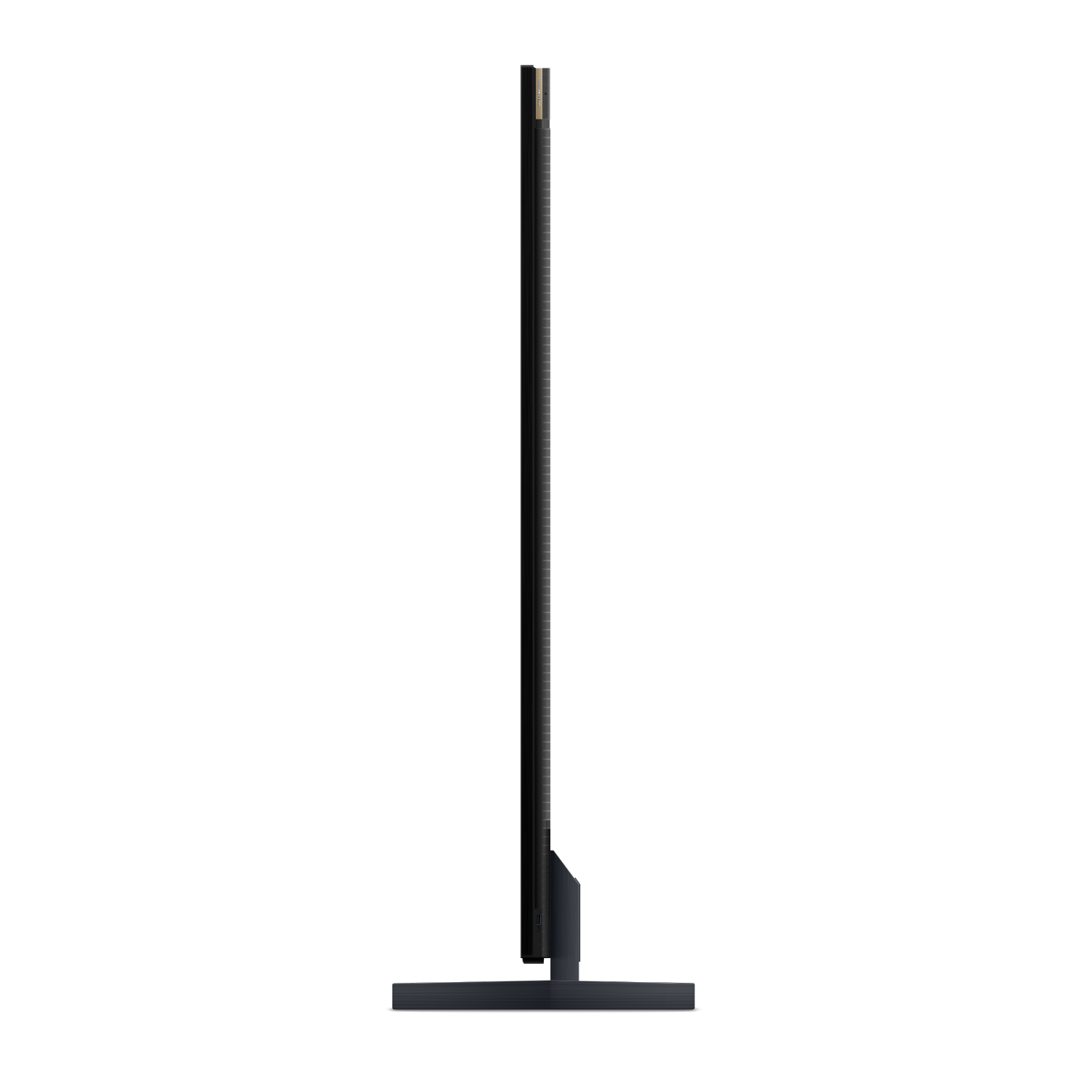 Een zijaanzicht van een zwarte monitor met een zwarte standaard.
