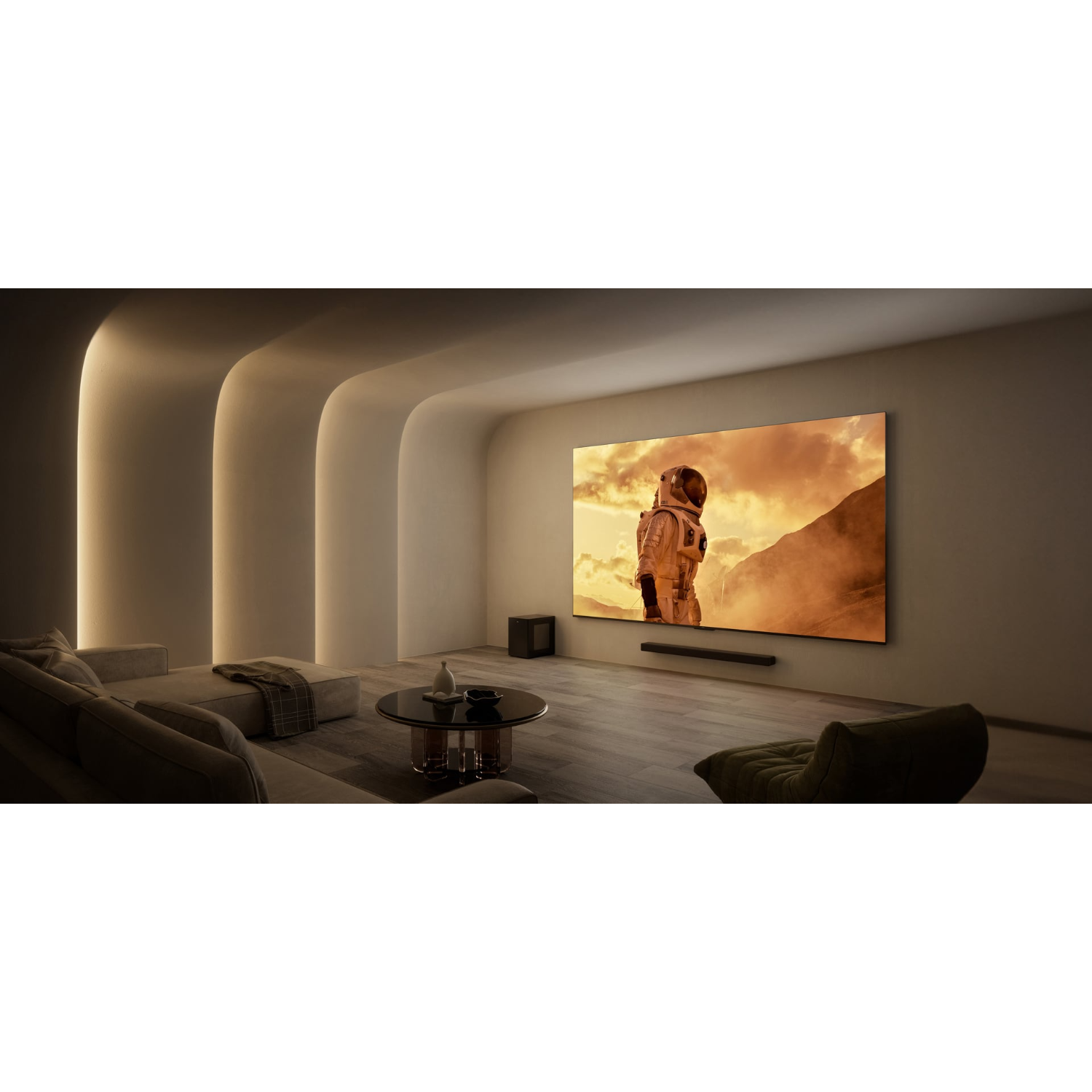 Modern living room with a large screen displaying an astronaut. Sofa, chair, and table present.