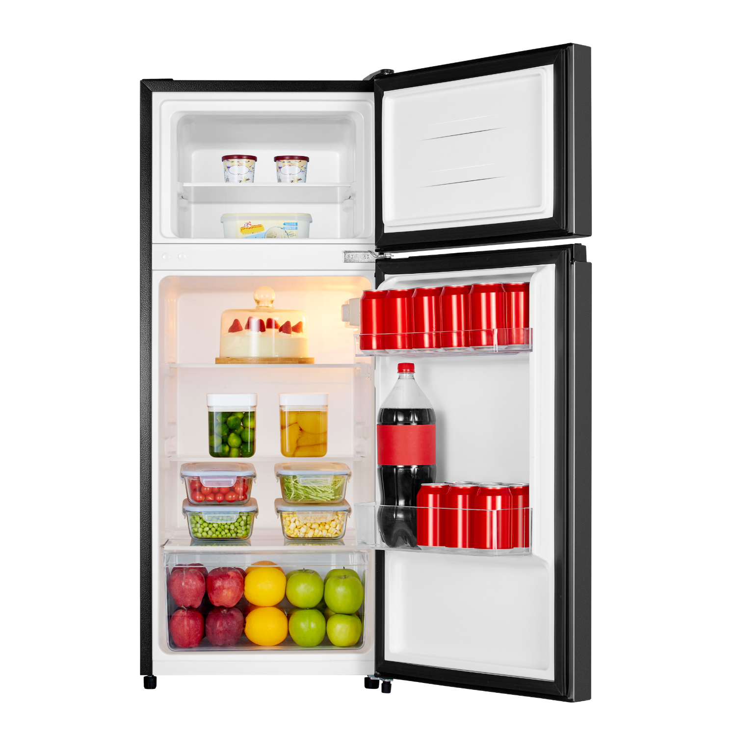 Opened black refrigerator with food items. The refrigerator has two sections. Fruits and drinks are visible.