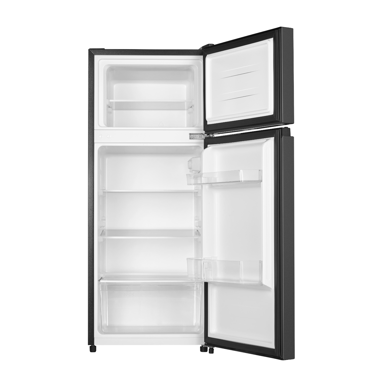 Refrigerator with open doors. Top and bottom compartments are open, showing shelves and interior.