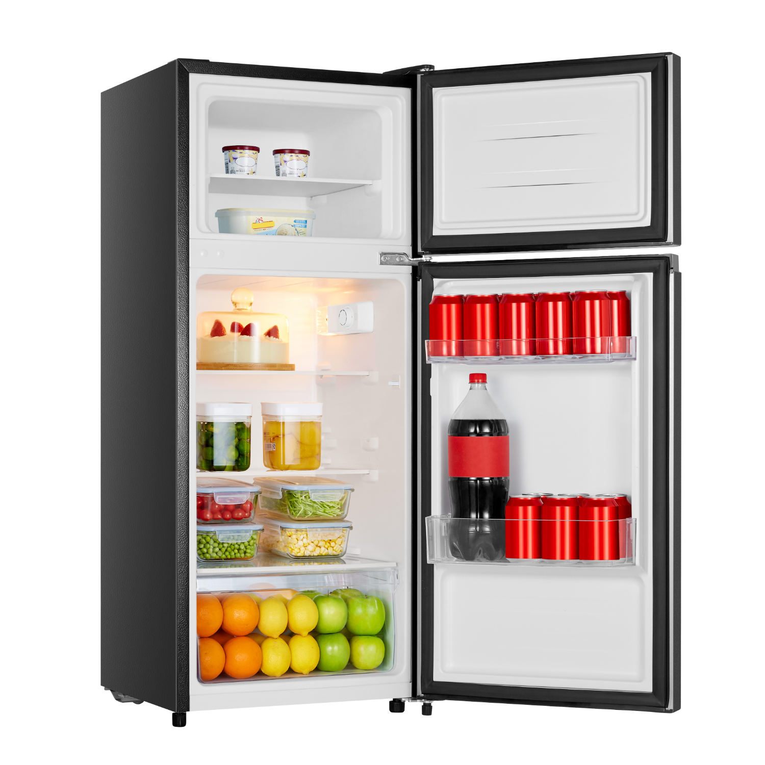 A black and white fridge with open doors, showing food and drinks.