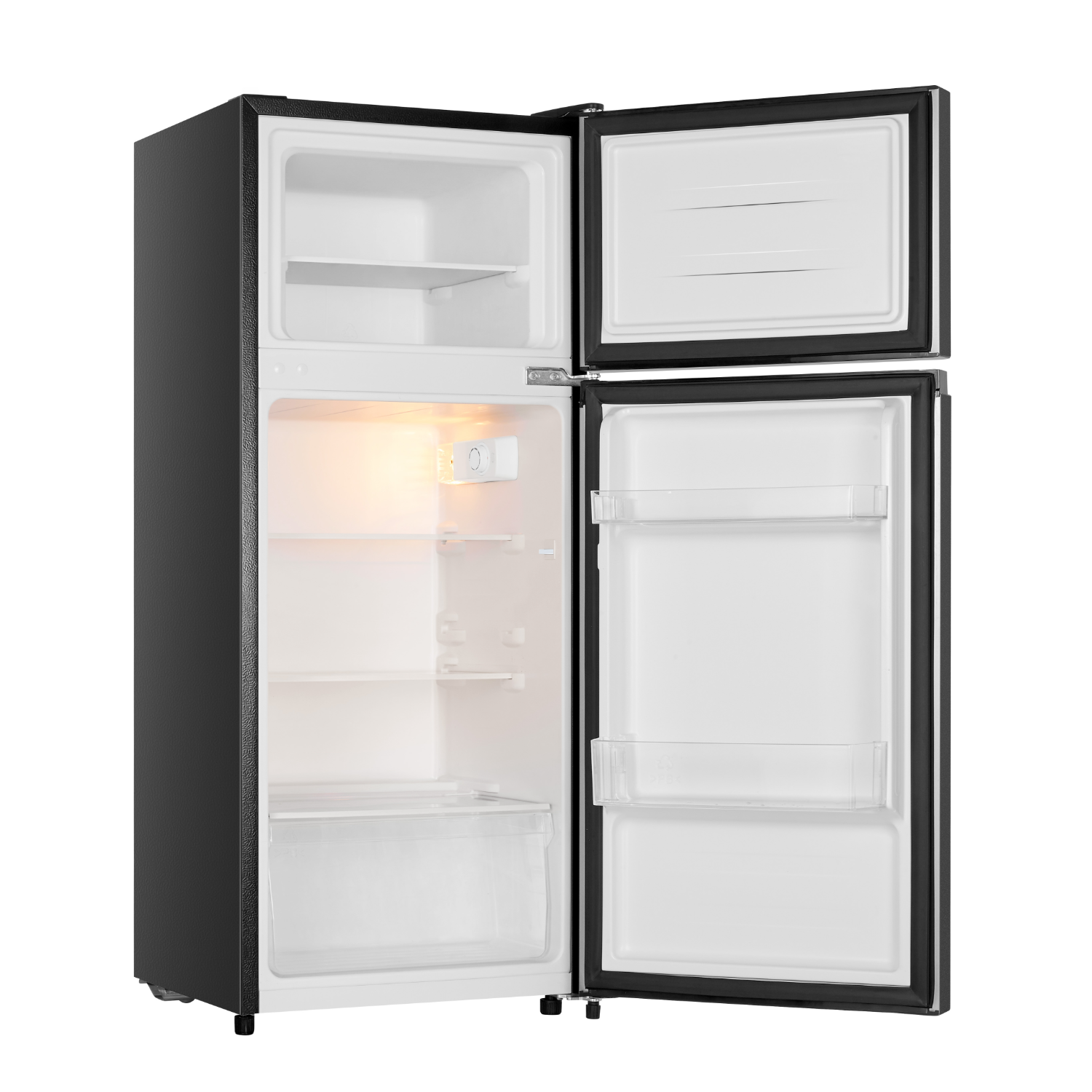 Open black refrigerator with white interior, shelves, and a light.