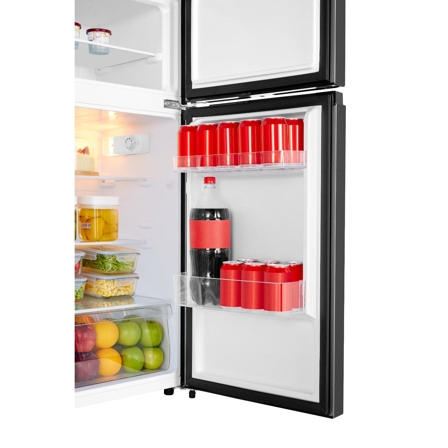 Opened refrigerator with drinks and food. Red soda cans and bottles are visible.