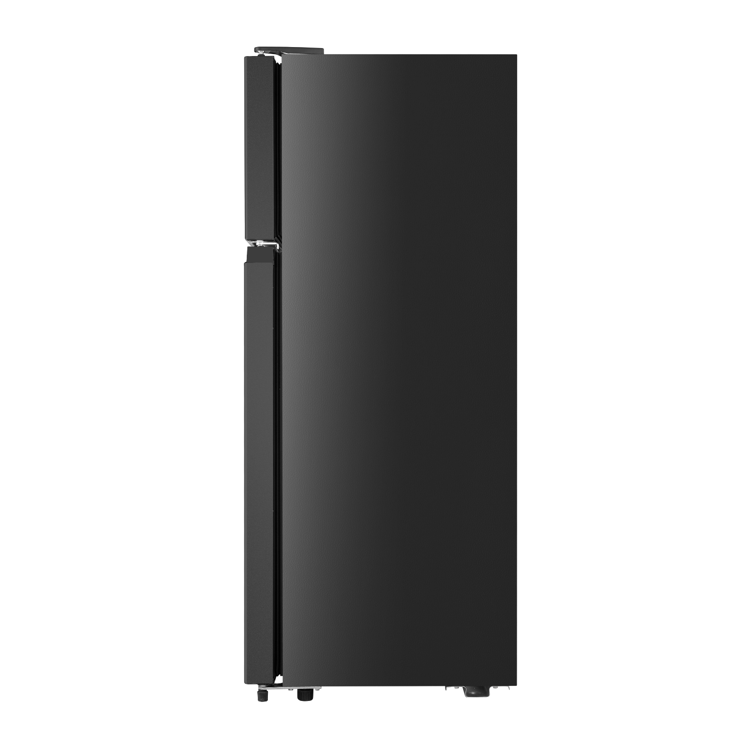 Black refrigerator, side view, with two doors.