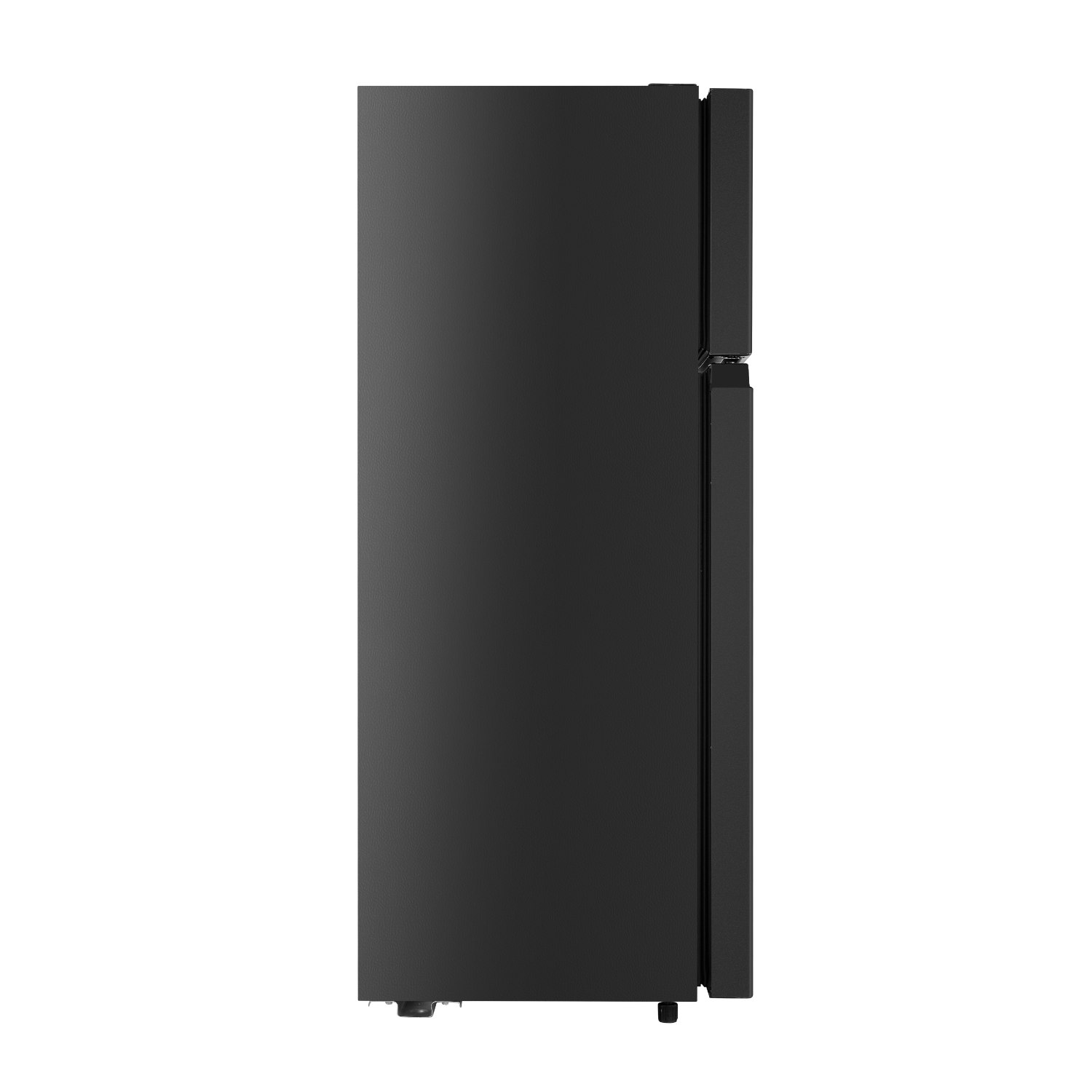 Black refrigerator, side view. Door on the right.