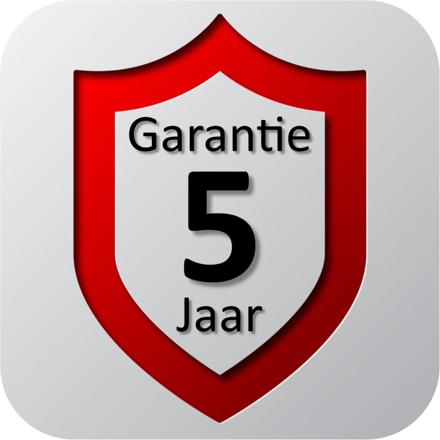 A white shield with a red border, displaying 'Garantie' and '5 Jaar' in black text.