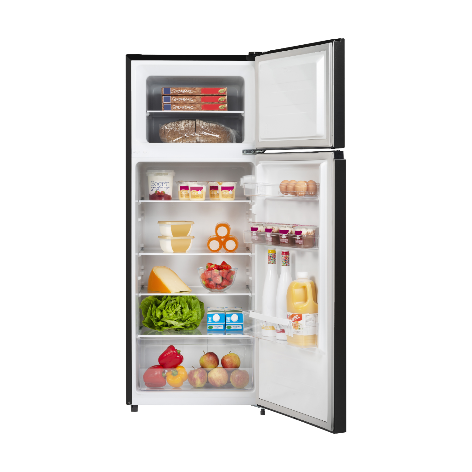 Open fridge with food: yogurt, eggs, cheese, fruits, vegetables, and bottles.