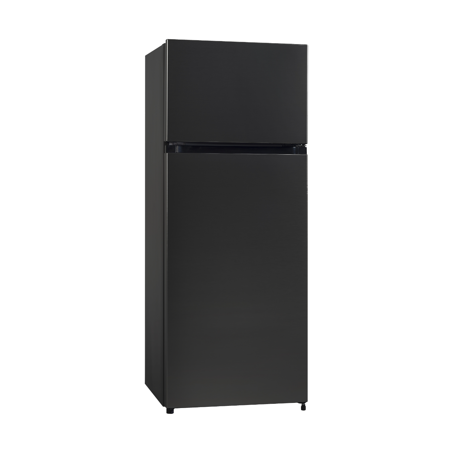 Black refrigerator. It has two sections, top and bottom, and a handle on the top door.