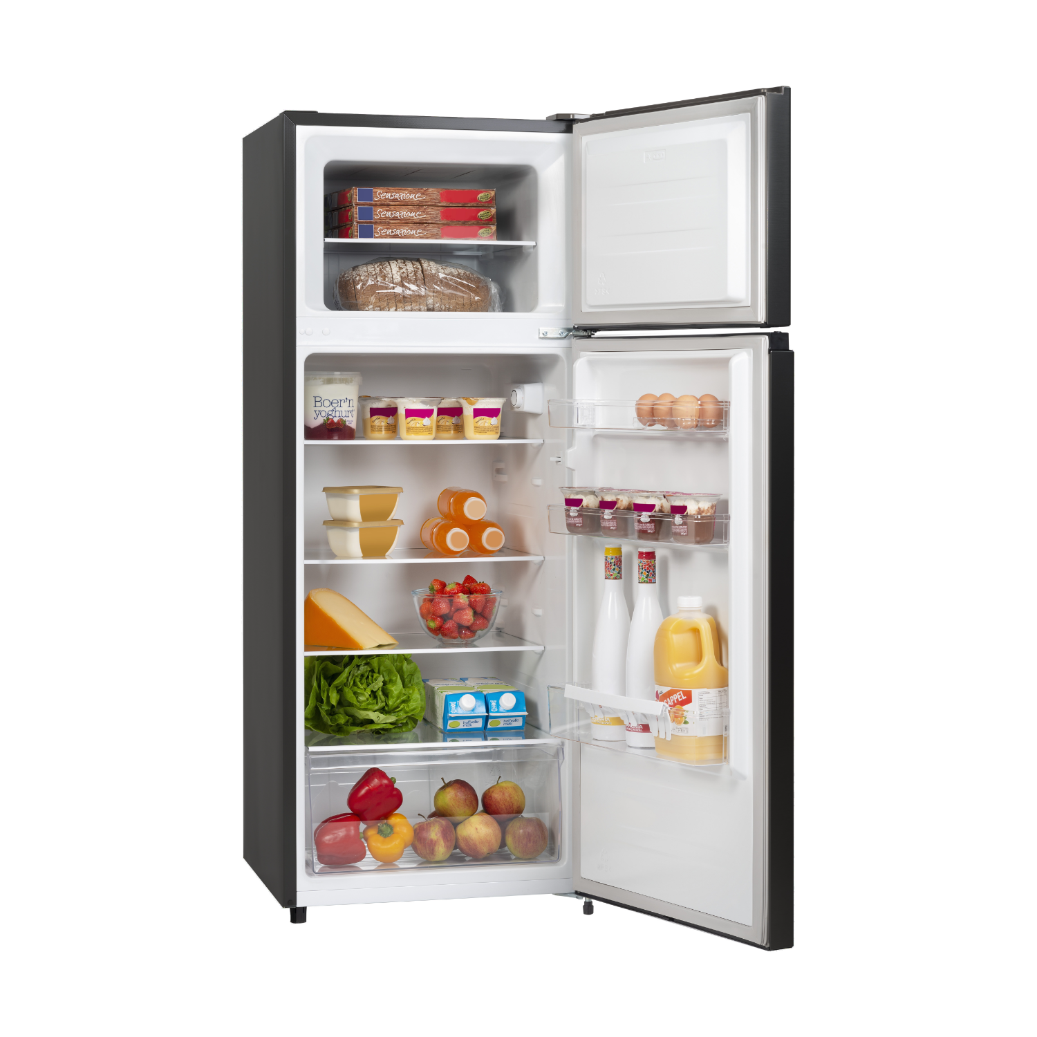 A black refrigerator with open doors. It's filled with food items.