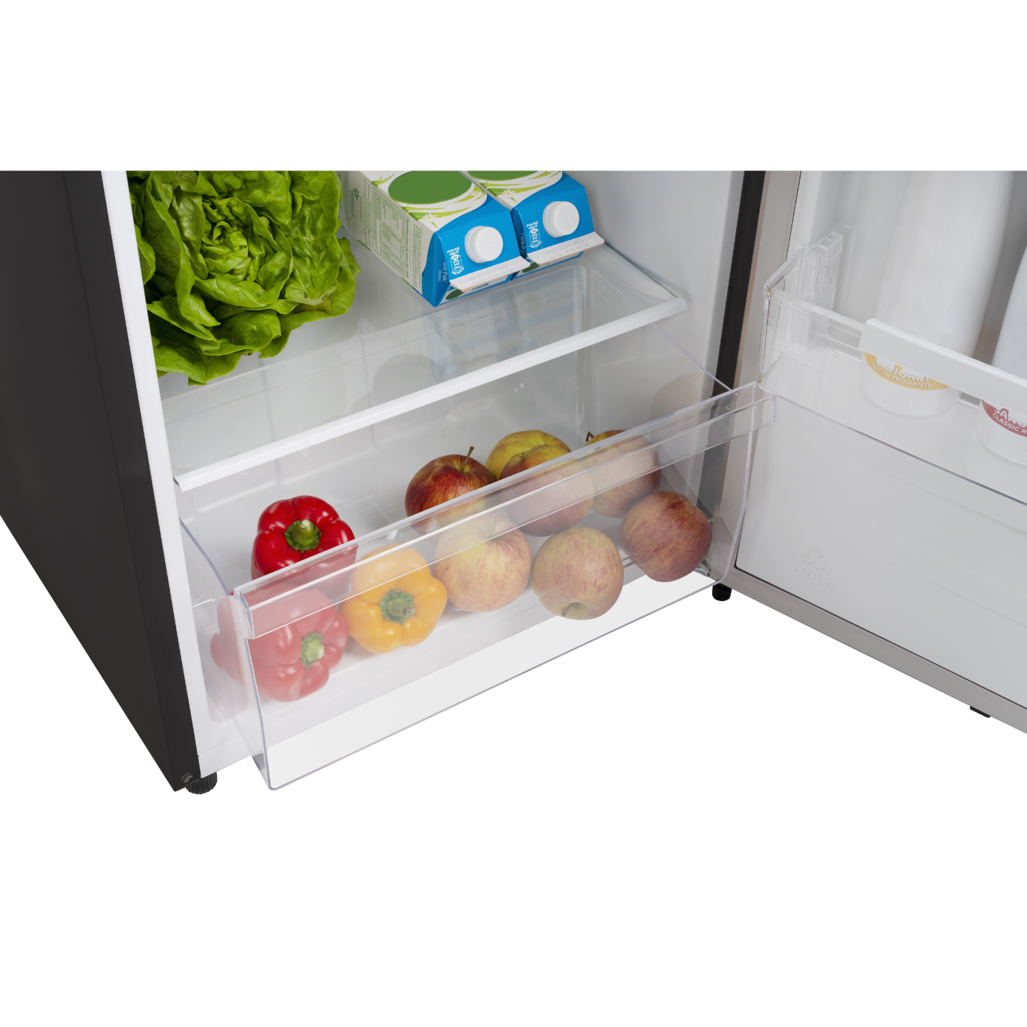 Refrigerator drawer with red peppers, apples, and yellow peppers inside.