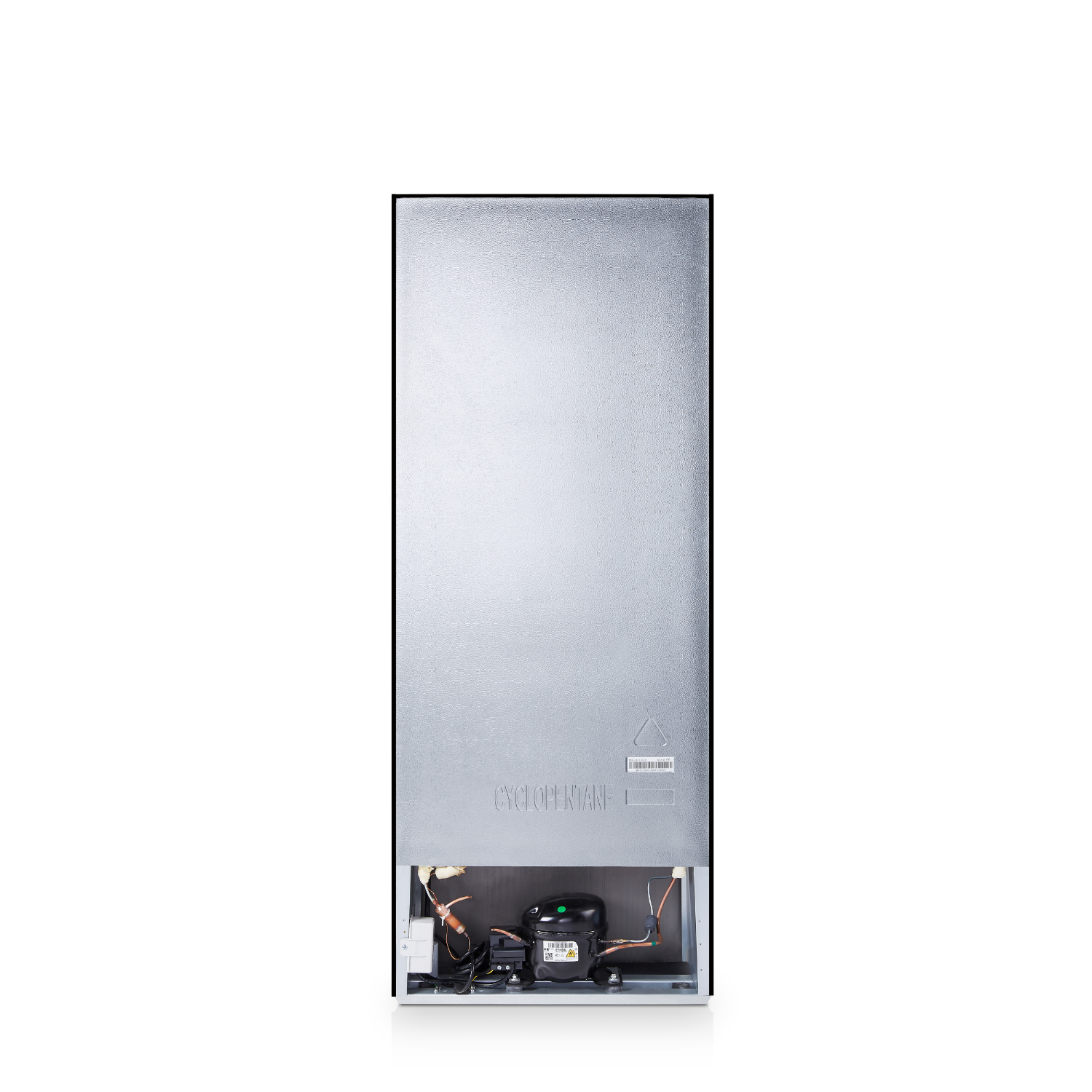 Back of a refrigerator with a metallic surface and internal components visible at the bottom.
