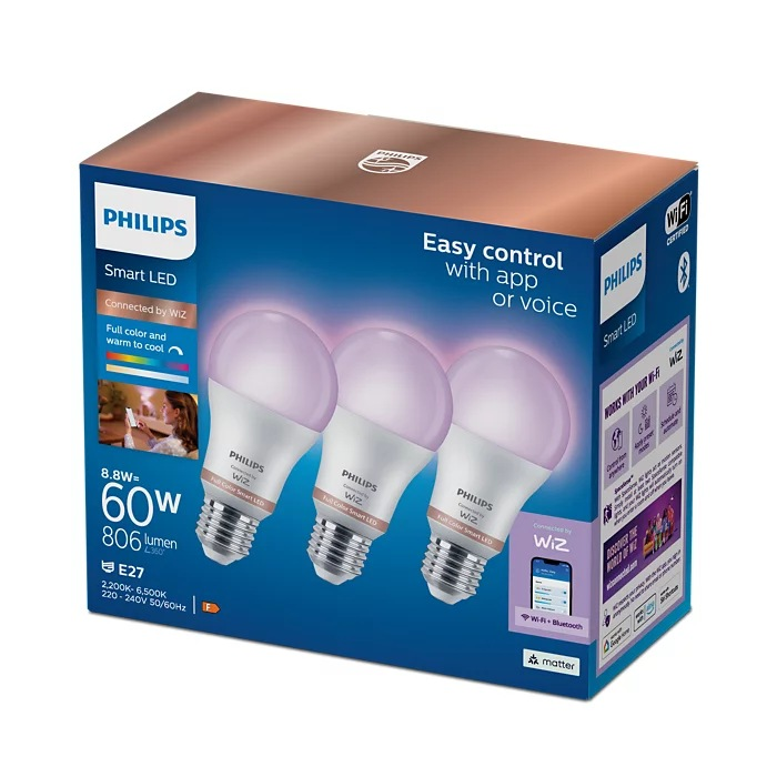 Una caja de luces LED inteligentes Philips. La caja muestra tres bombillas iluminadas con colores rosados.