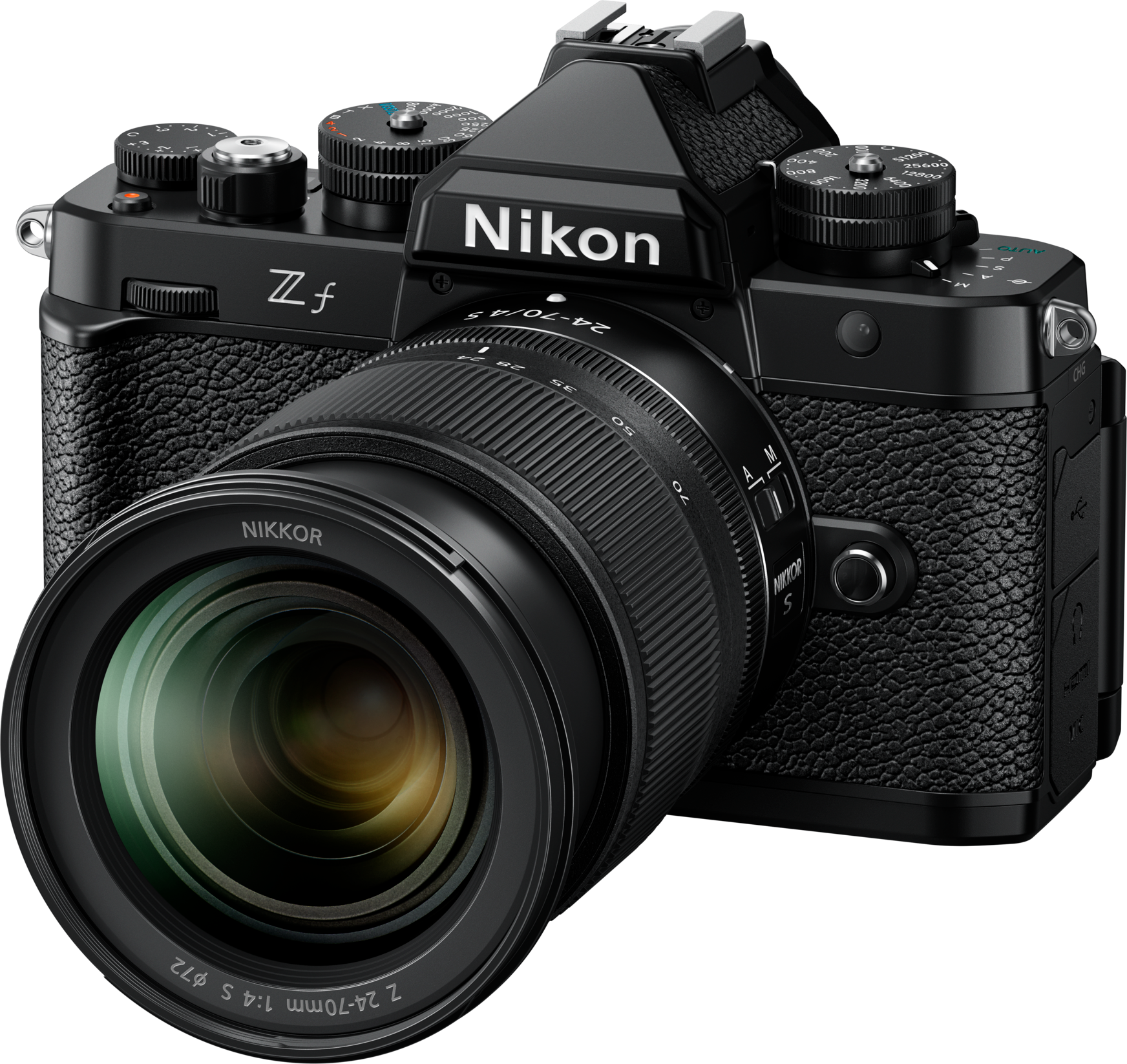 Eine schwarze Nikon Zf-Kamera mit Objektiv, auf den Betrachter ausgerichtet.